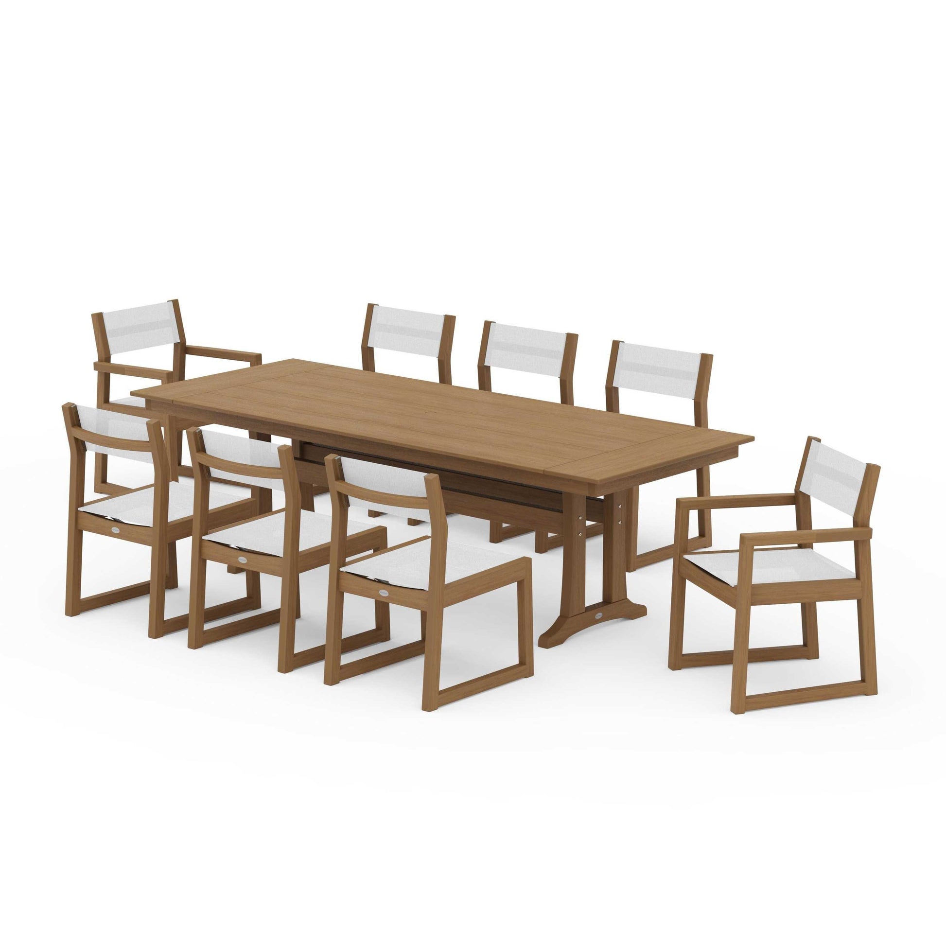 POLYWOOD EDGE Sling 9-Piece Farmhouse Trestle Dining Set — Natural / White Sling