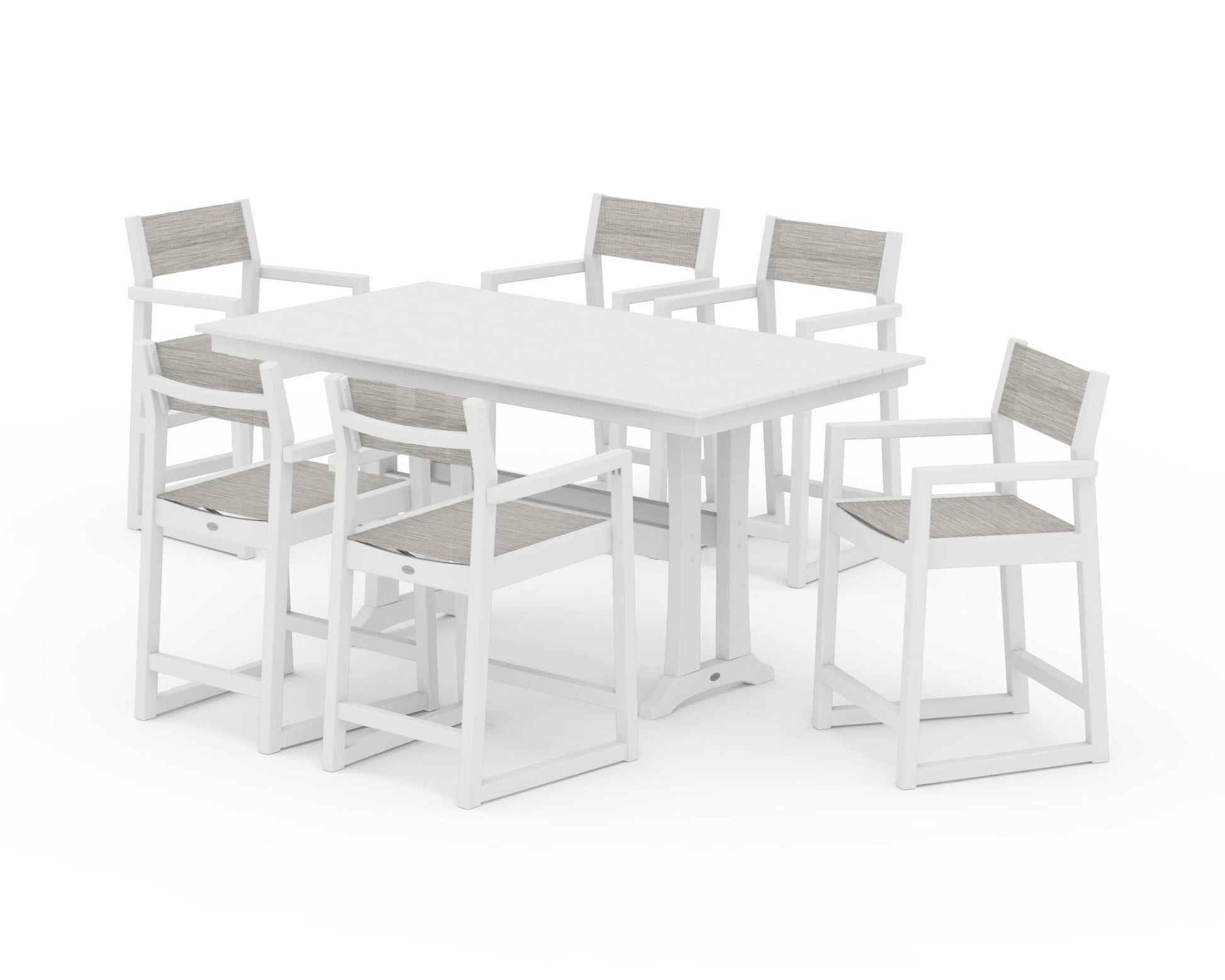 POLYWOOD EDGE Sling Arm Chair 7-Piece Farmhouse Counter Set with Trestle Legs — White / Birch Sling