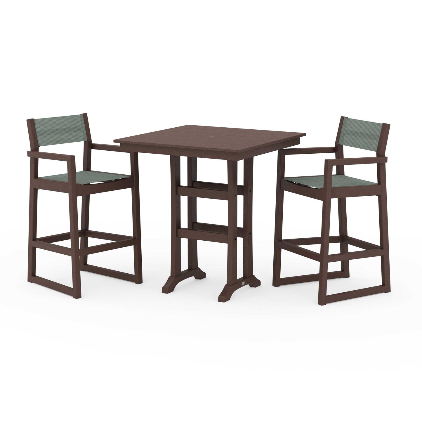 POLYWOOD EDGE Sling Arm Chair 3-Piece Farmhouse Bar Set with Trestle Legs — Mahogany / Dupioni Sea Mist Sling