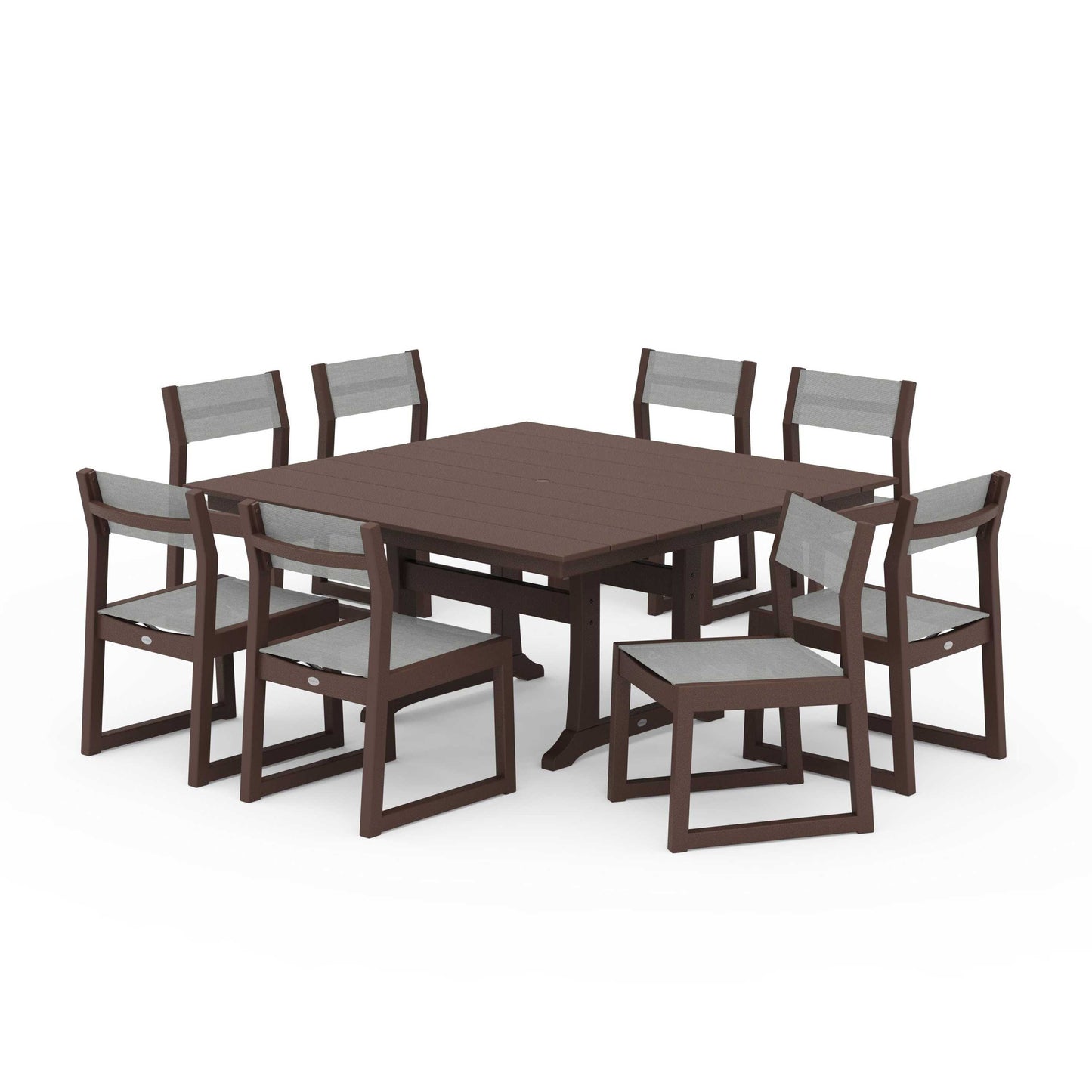 POLYWOOD EDGE Sling Side Chair 9-Piece Farmhouse Trestle Dining Set — Mahogany / Metallic Sling