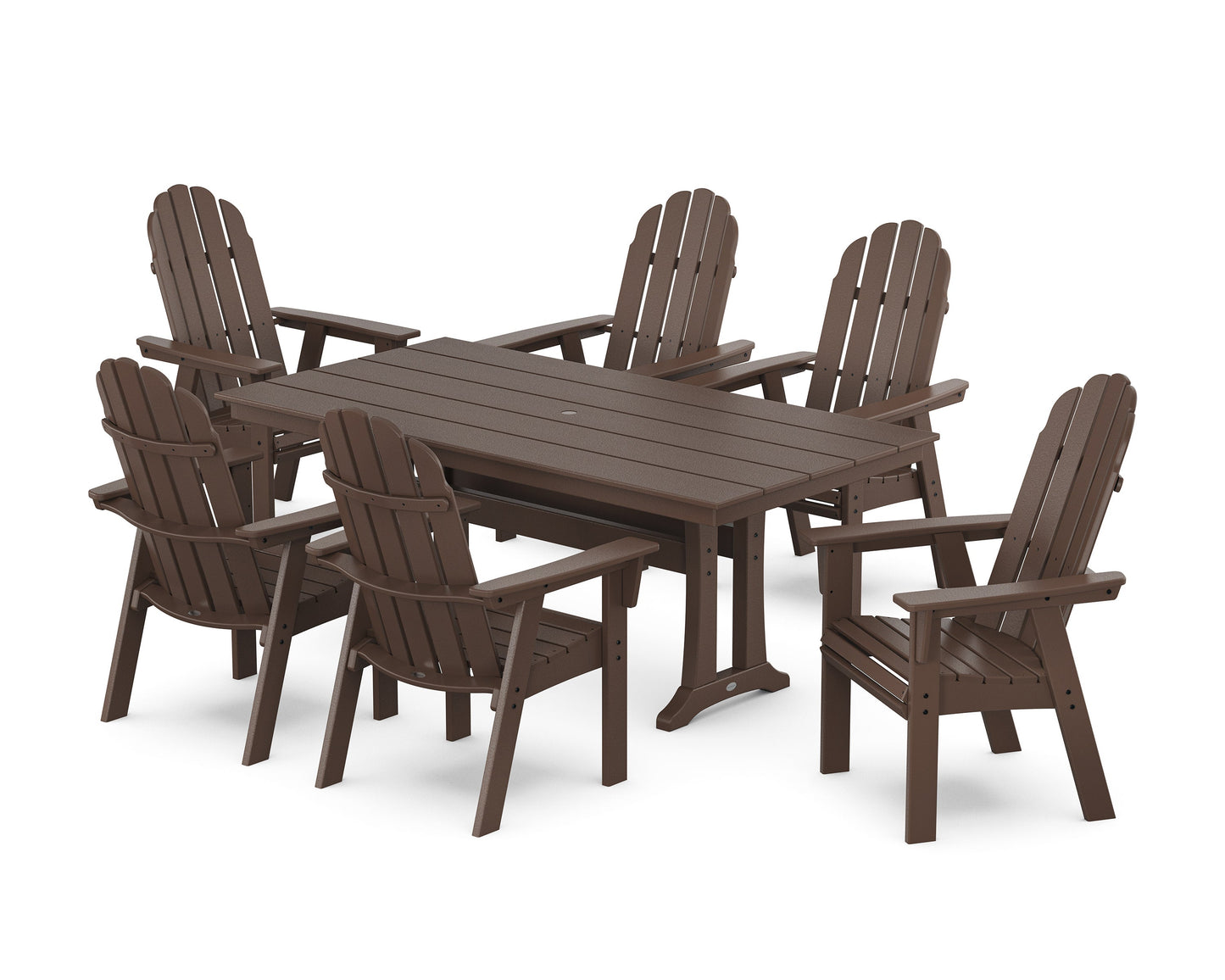 POLYWOOD Vineyard Curveback Adirondack Chair 7-Piece Farmhouse Dining Set with Trestle Legs — Mahogany