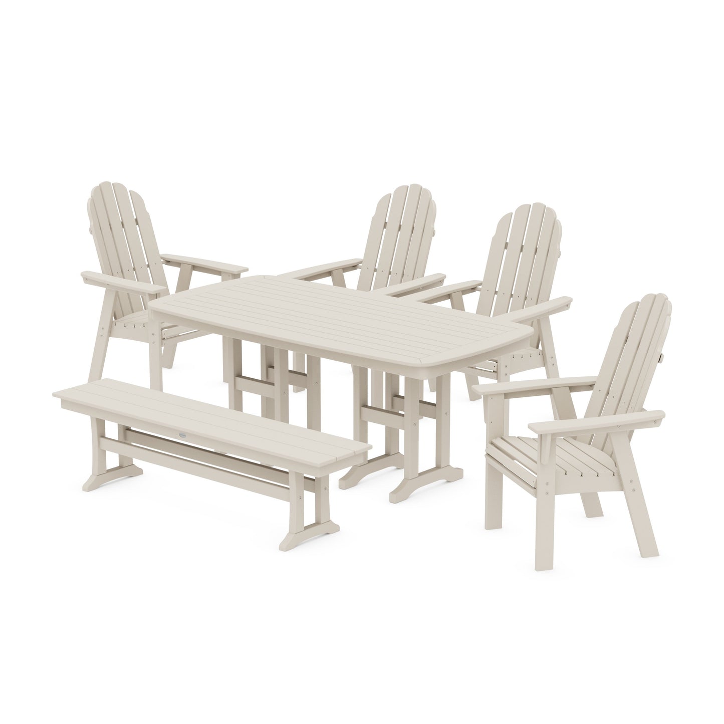 POLYWOOD Vineyard Curveback Adirondack Chair 6-Piece Dining Set with Bench — Sand