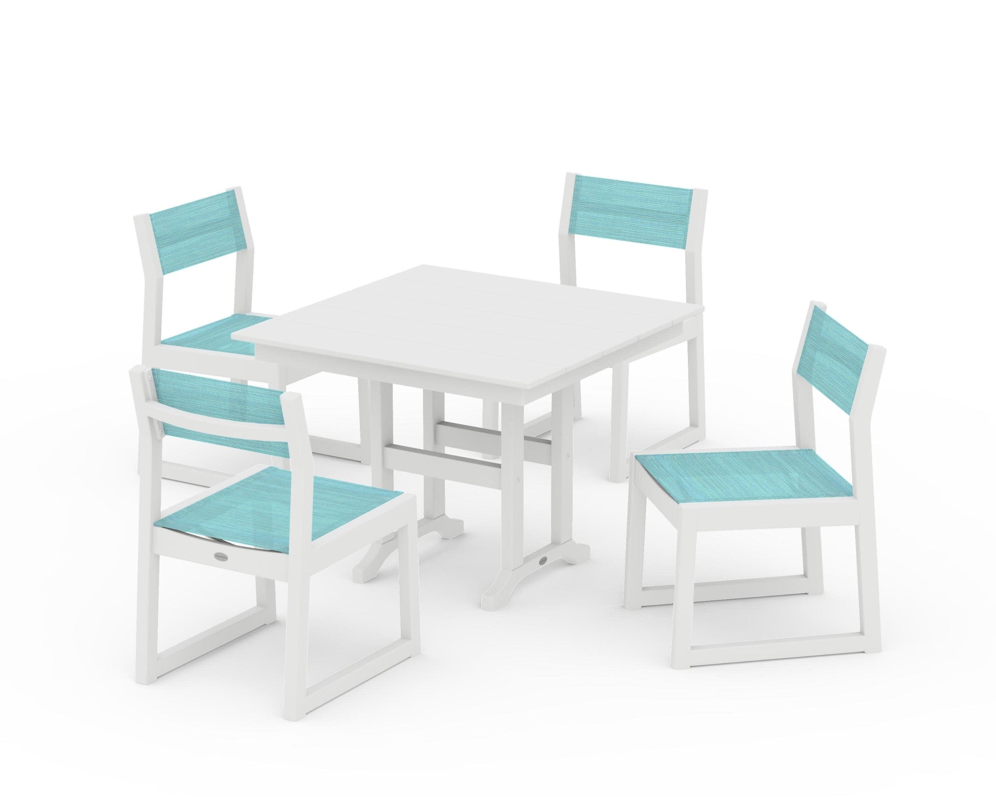 POLYWOOD EDGE Sling Side Chair 5-Piece Farmhouse Dining Set — White / Dupioni Aquamarine Sling