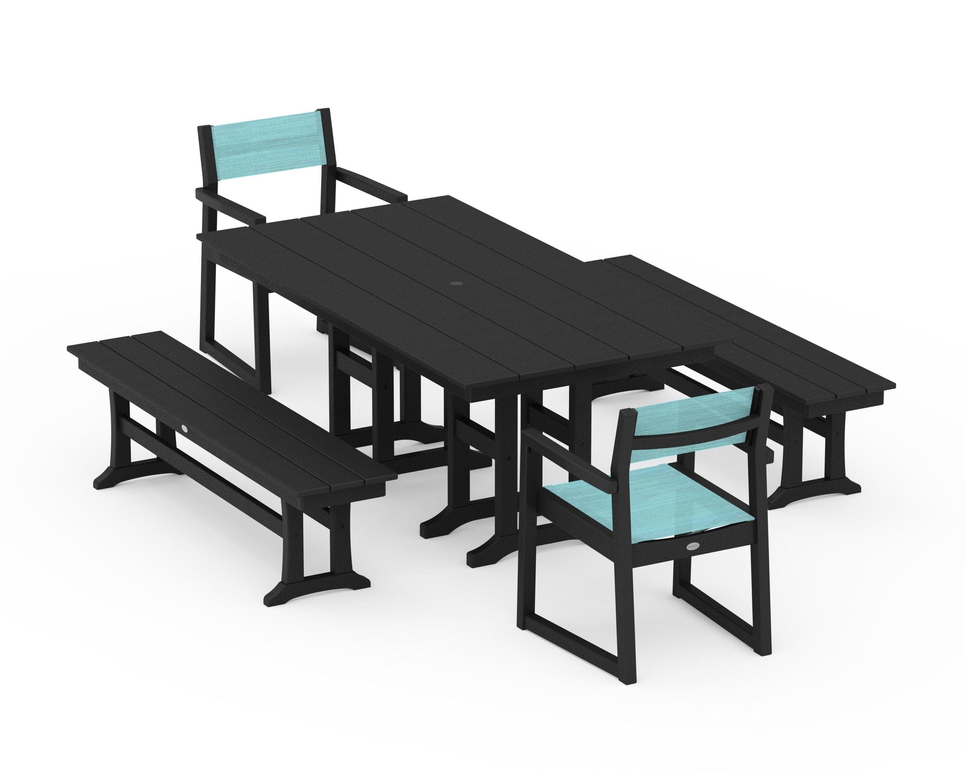 POLYWOOD EDGE Sling Arm Chair 5-Piece Farmhouse Dining Set with Benches — Black / Dupioni Aquamarine Sling