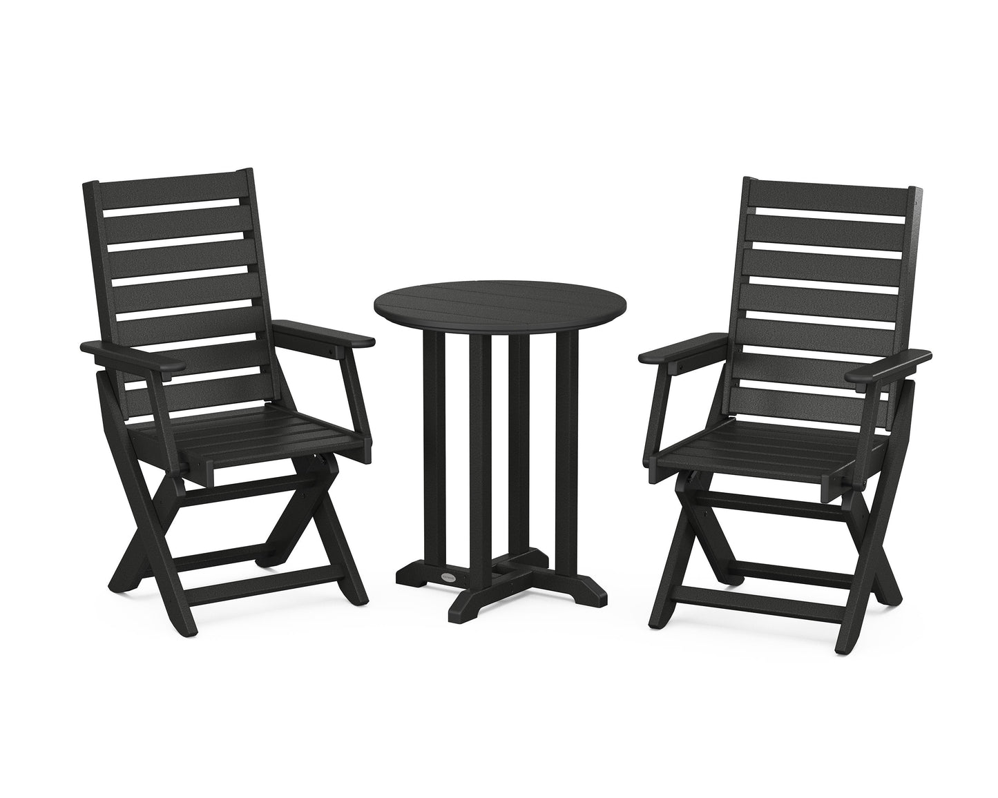 POLYWOOD Captain Folding Chair 3-Piece Round Bistro Dining Set — Black