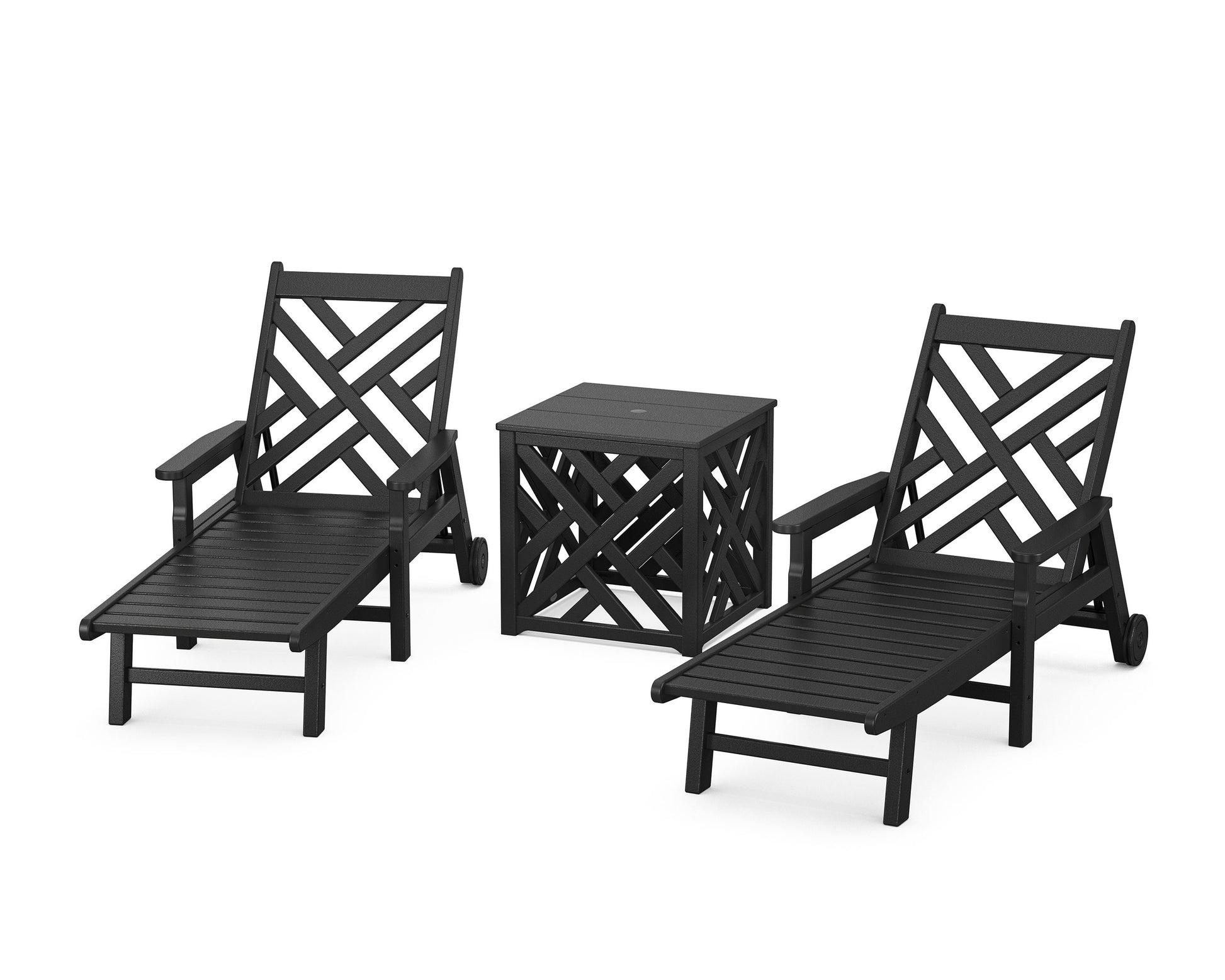 POLYWOOD Chippendale 3-Piece Chaise Set with Umbrella Stand Accent Table — Black