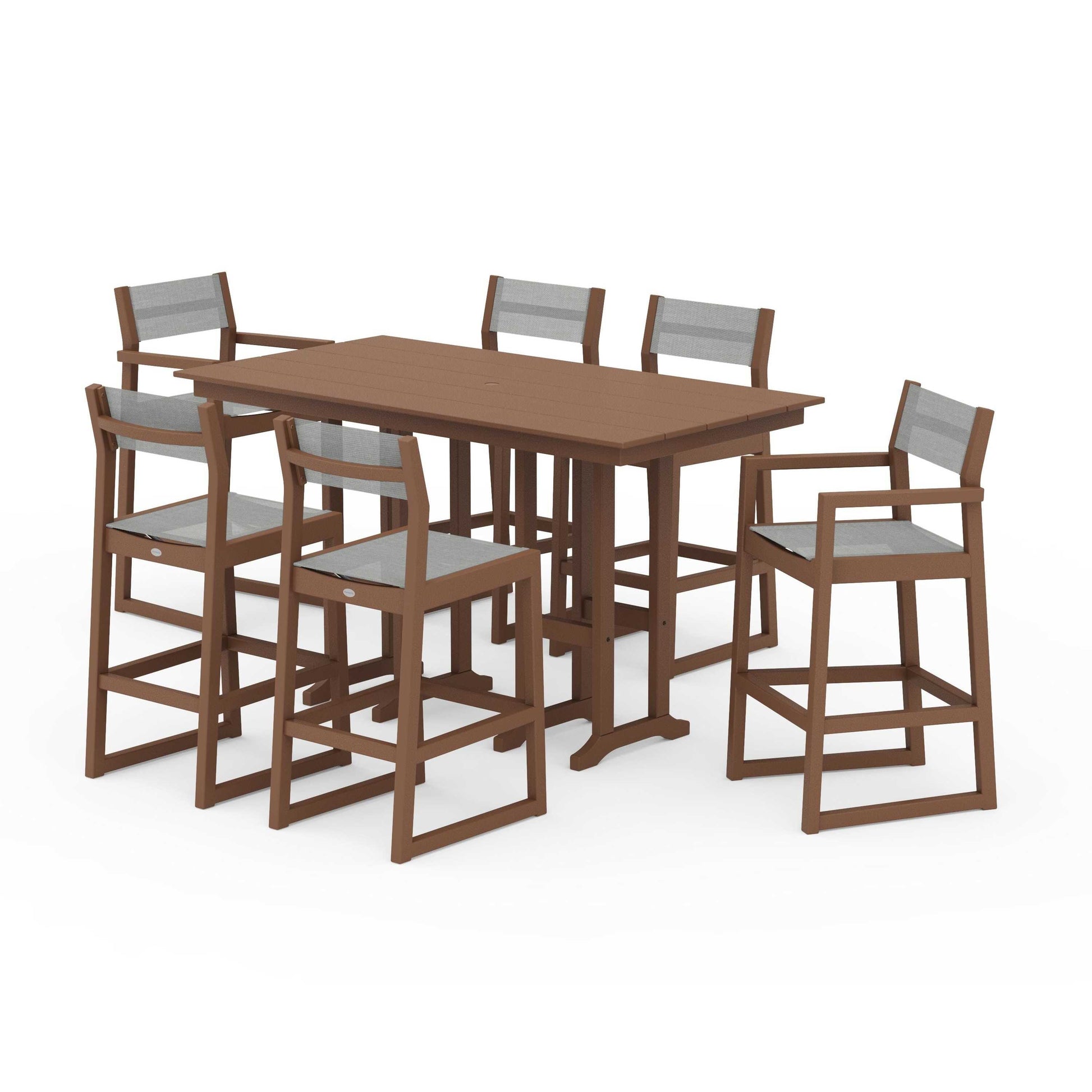 POLYWOOD EDGE Sling 7-Piece Farmhouse Bar Set — Teak / Metallic Sling