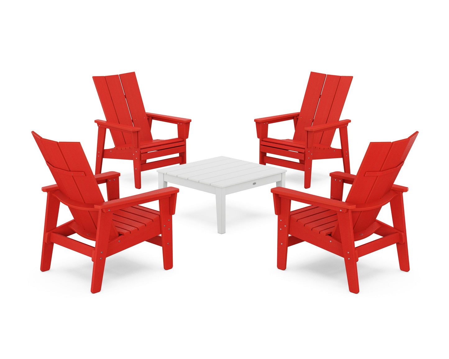 POLYWOOD 5-Piece Modern Grand Upright Adirondack Chair Conversation Group — Sunset Red / White