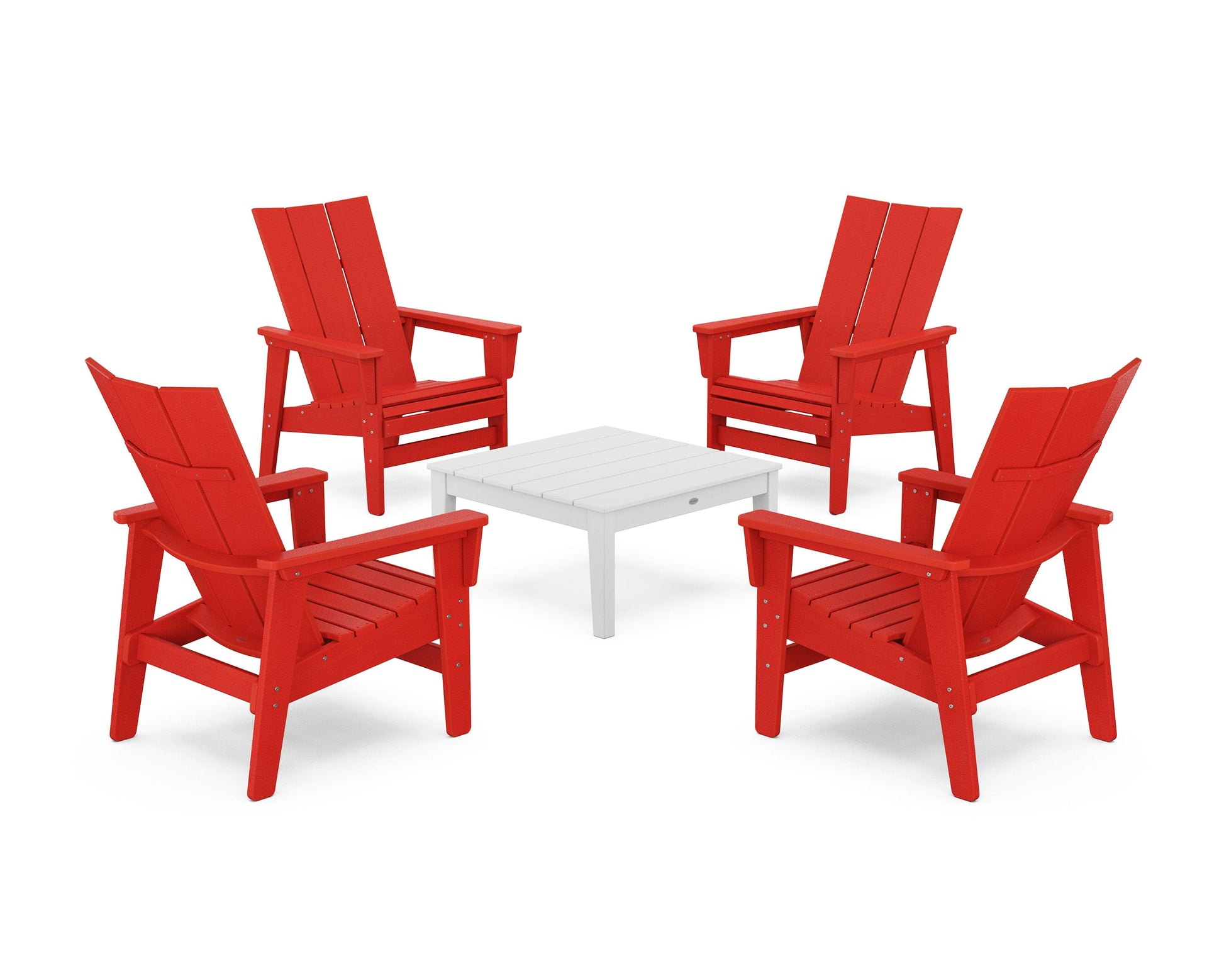 POLYWOOD 5-Piece Modern Grand Upright Adirondack Chair Conversation Group — Sunset Red / White