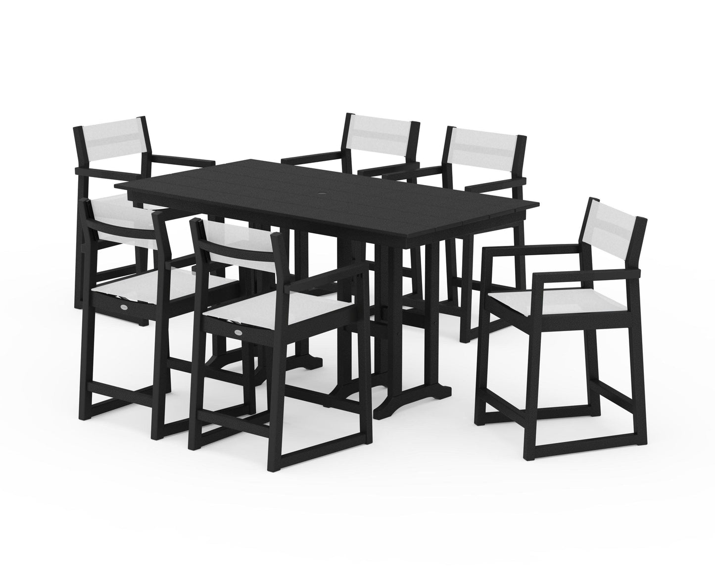 POLYWOOD EDGE Sling Arm Chair 7-Piece Farmhouse Counter Set — Black / White Sling