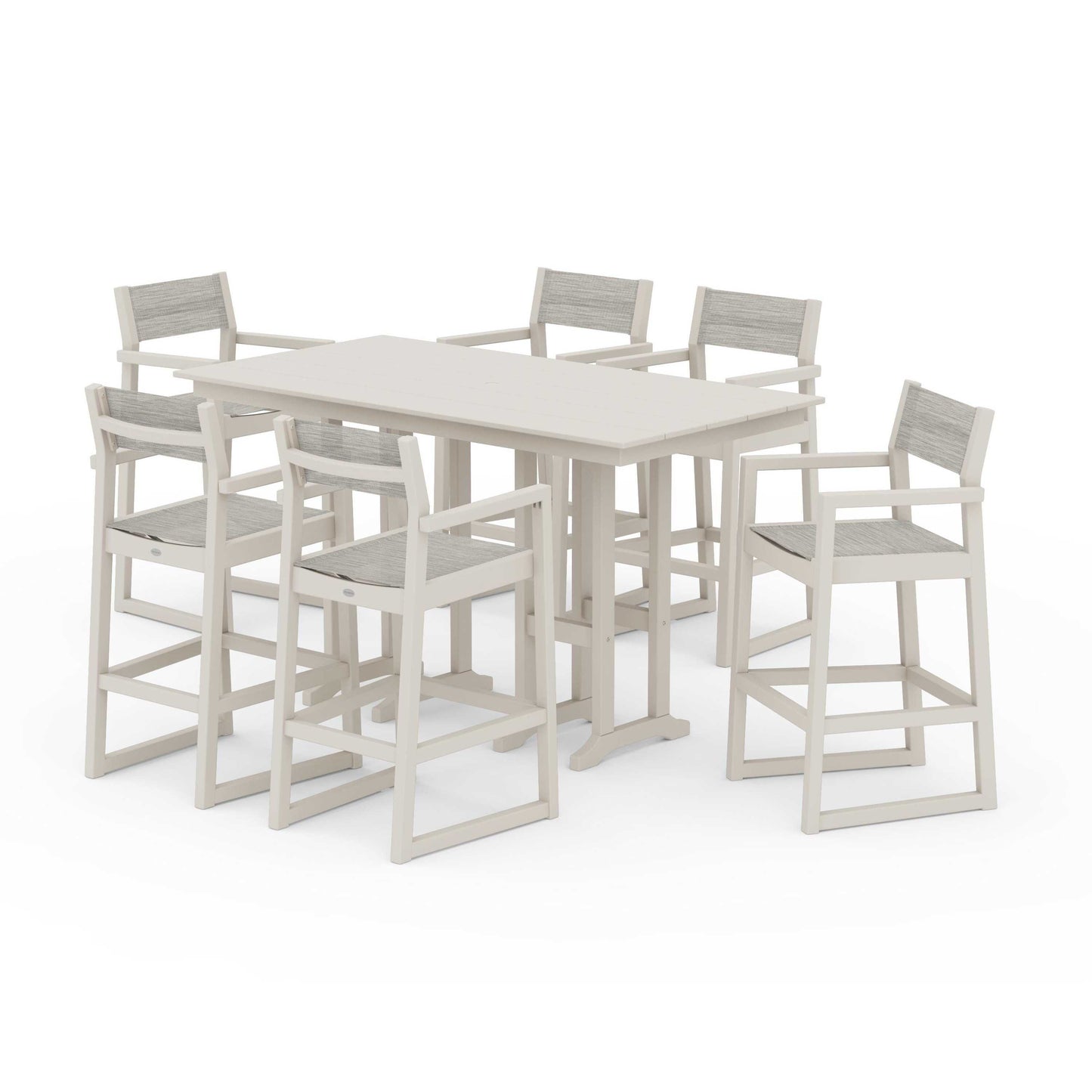 POLYWOOD EDGE Sling Arm Chair 7-Piece Farmhouse Bar Set — Sand / Birch Sling