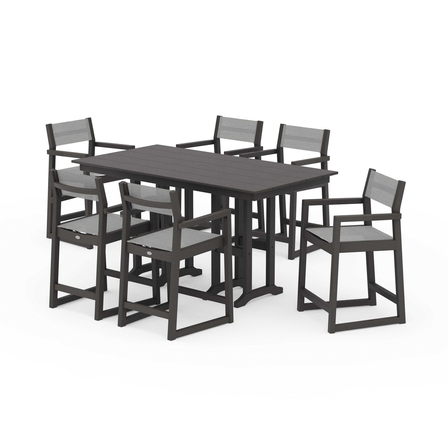 POLYWOOD EDGE Sling Arm Chair 7-Piece Farmhouse Counter Set — Vintage Coffee / Metallic Sling