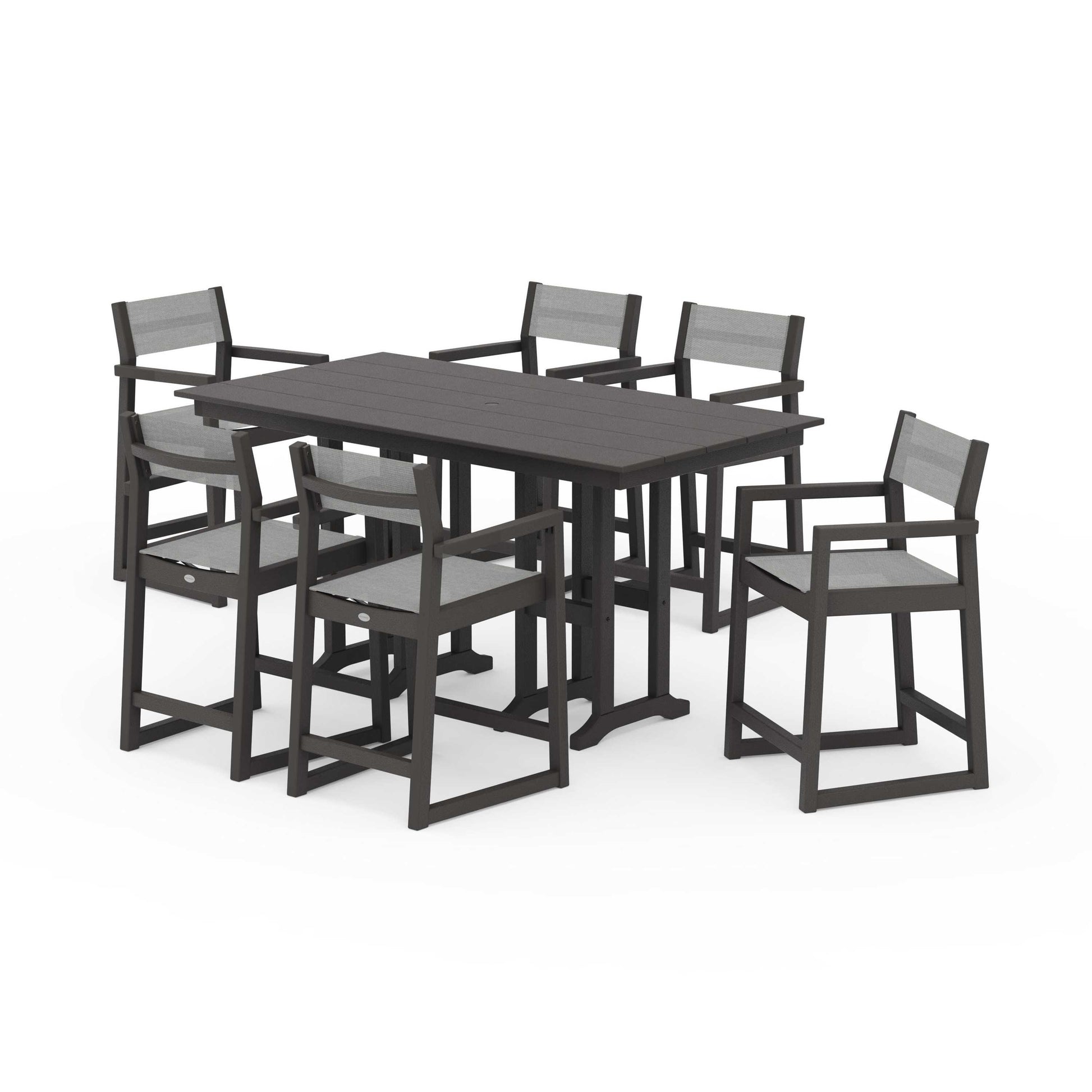 POLYWOOD EDGE Sling Arm Chair 7-Piece Farmhouse Counter Set — Vintage Coffee / Metallic Sling