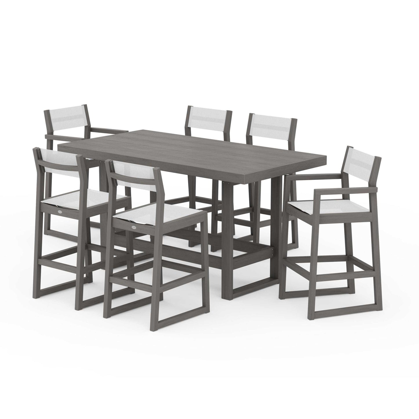 POLYWOOD EDGE Sling 7-Piece Bar Table Set — Driftwood / White Sling