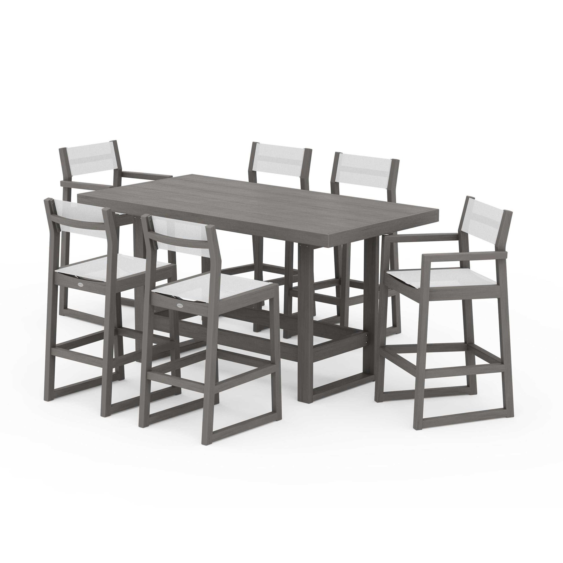 POLYWOOD EDGE Sling 7-Piece Bar Table Set — Driftwood / White Sling