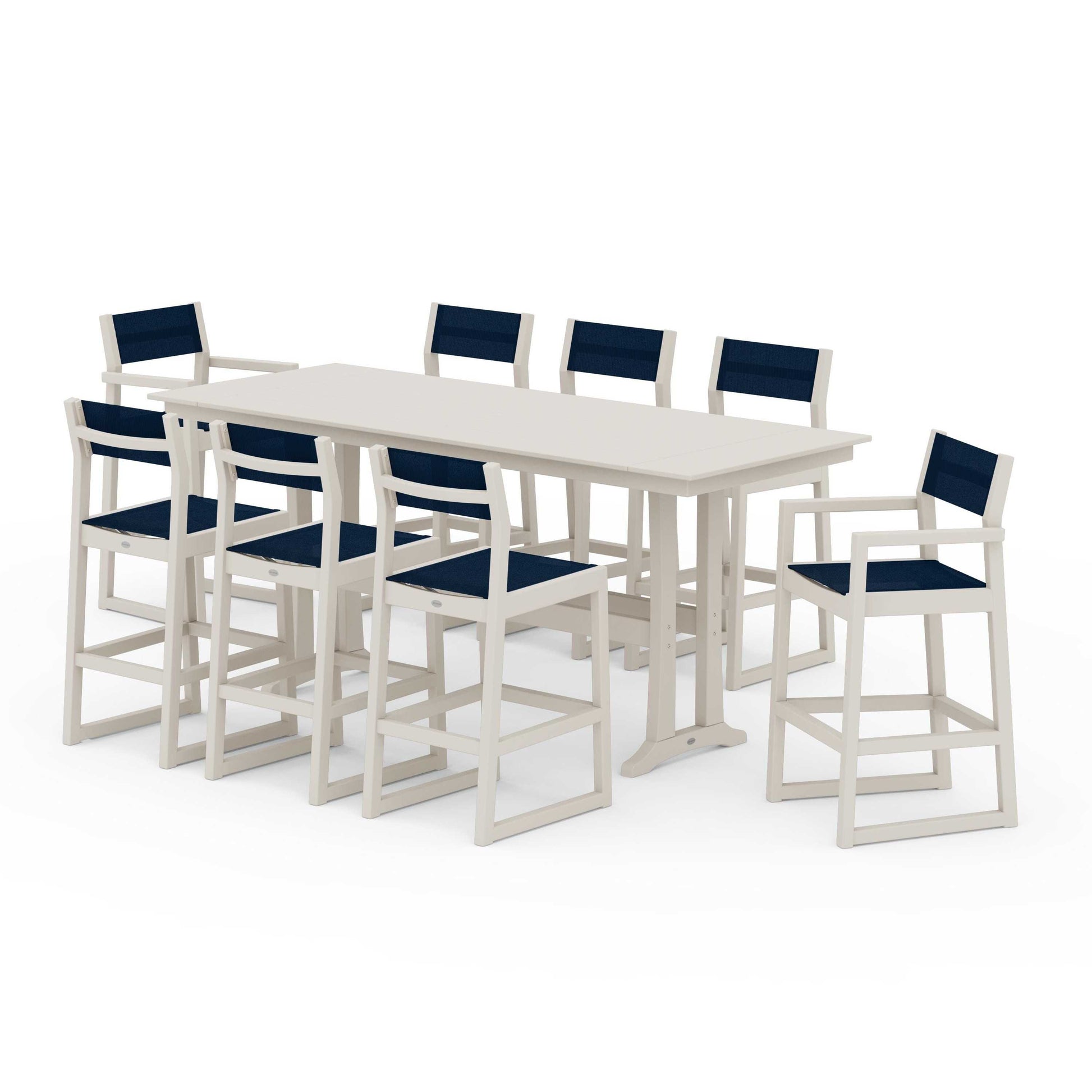 POLYWOOD EDGE Sling 9-Piece Farmhouse Bar Set with Trestle Legs — Sand / Navy Blue Sling