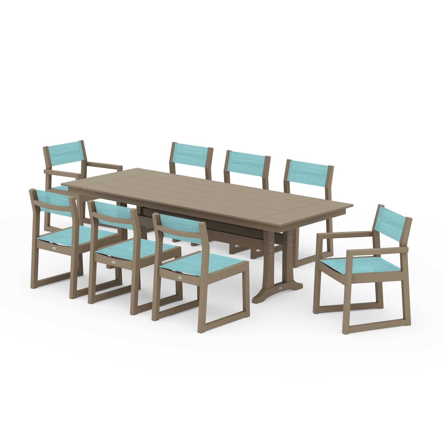 POLYWOOD EDGE Sling 9-Piece Farmhouse Trestle Dining Set — Vintage Sahara / Dupioni Aquamarine Sling