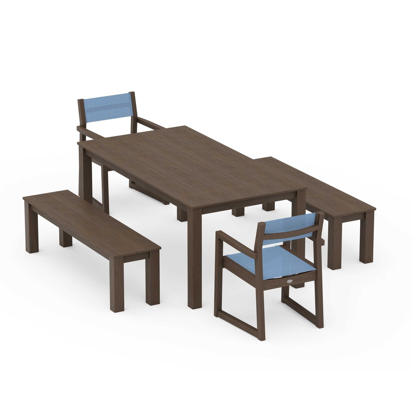 POLYWOOD EDGE Sling Arm Chair 5-Piece Parsons Dining Set with Benches — Kona / Poolside Sling