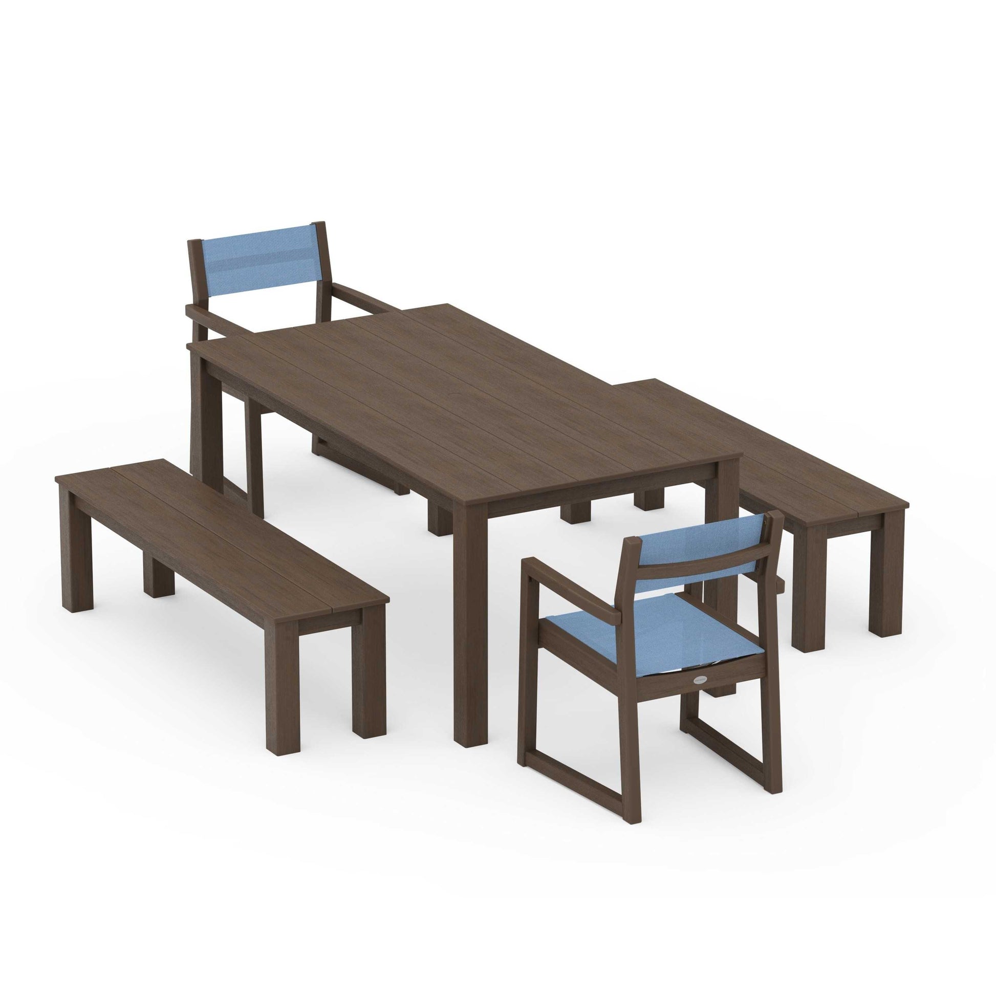 POLYWOOD EDGE Sling Arm Chair 5-Piece Parsons Dining Set with Benches — Kona / Poolside Sling