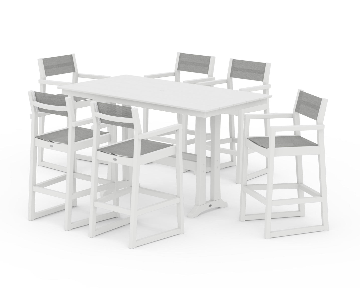 POLYWOOD EDGE Sling Arm Chair 7-Piece Farmhouse Bar Set with Trestle Legs — White / Metallic Sling