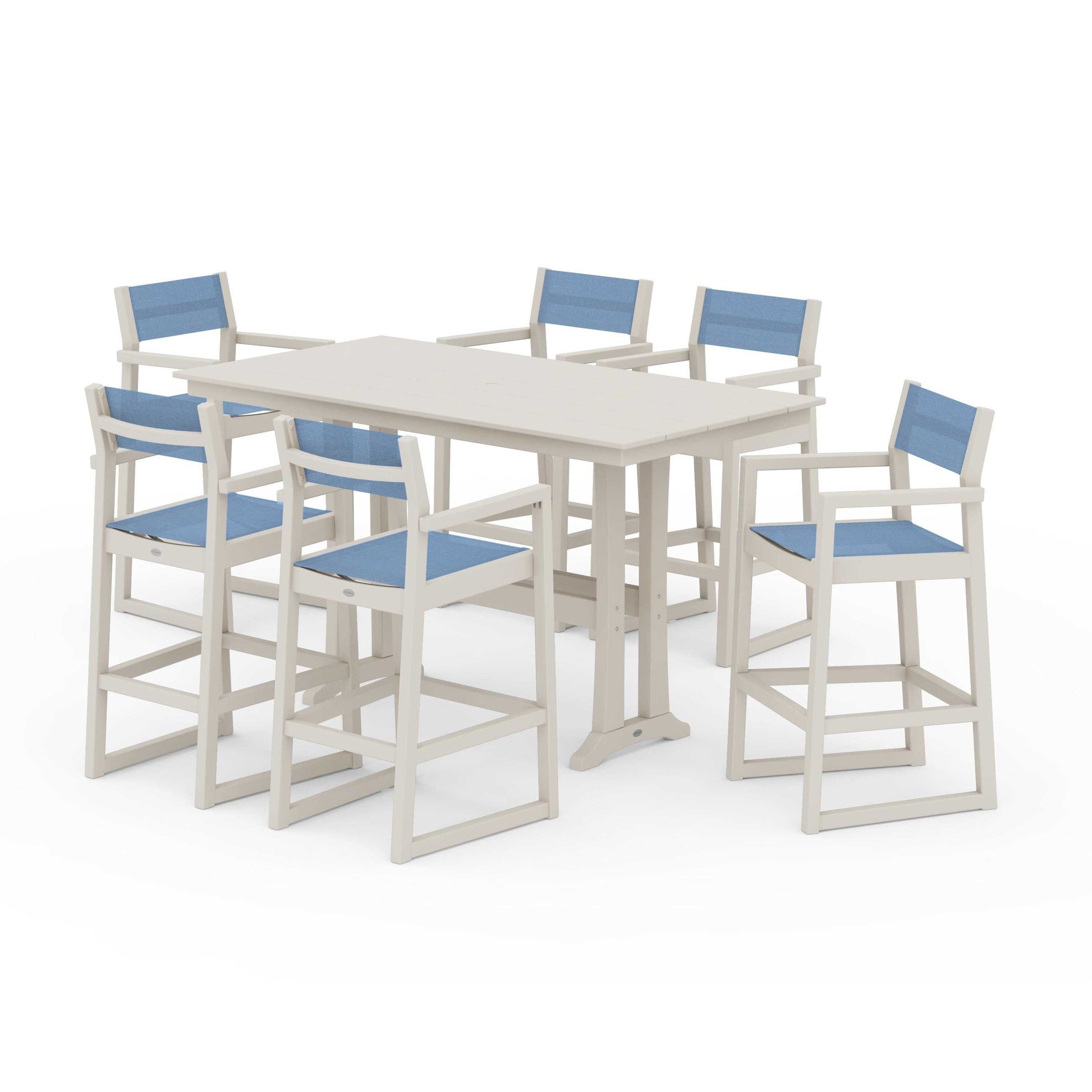 POLYWOOD EDGE Sling Arm Chair 7-Piece Farmhouse Bar Set with Trestle Legs — Sand / Poolside Sling