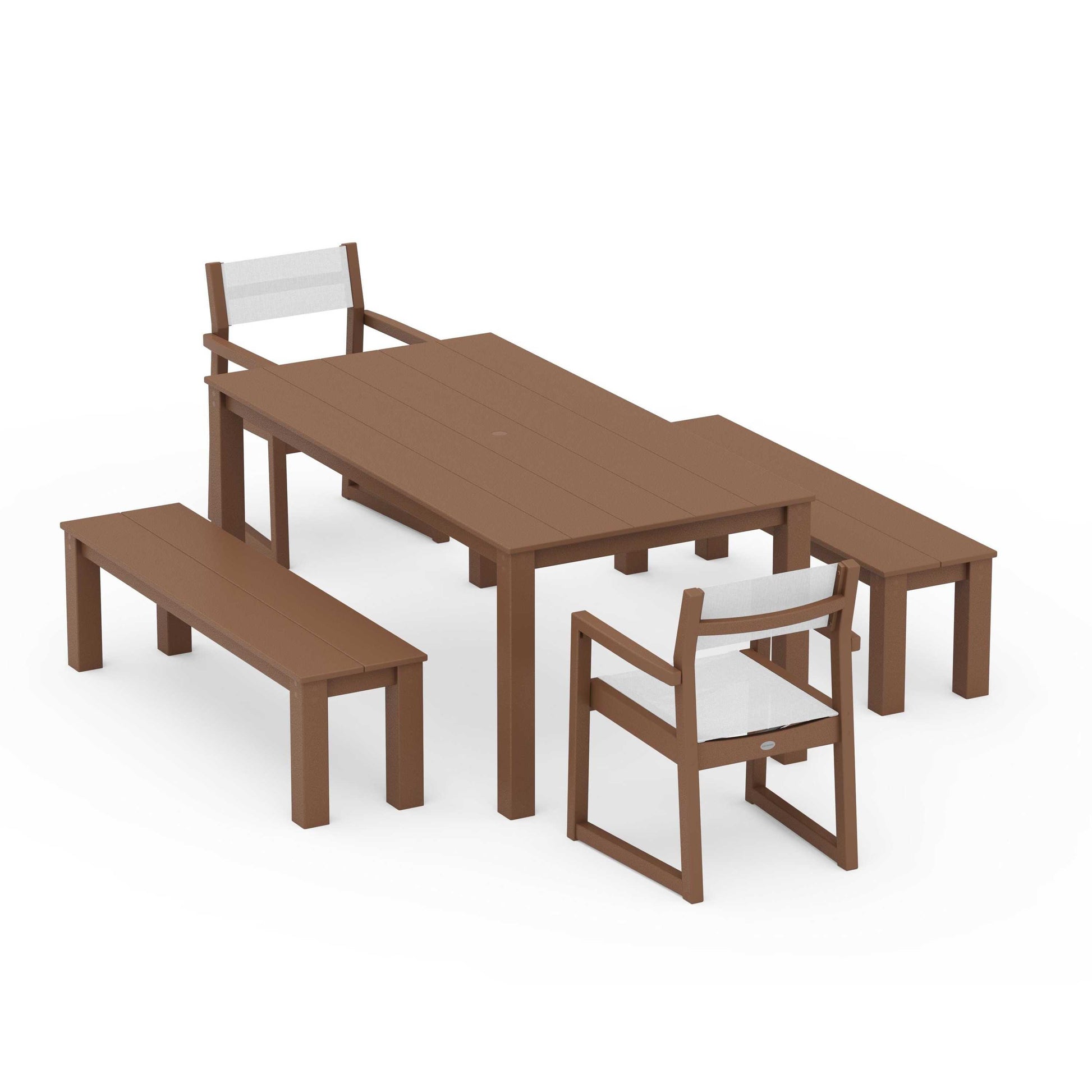 POLYWOOD EDGE Sling Arm Chair 5-Piece Parsons Dining Set with Benches — Teak / White Sling