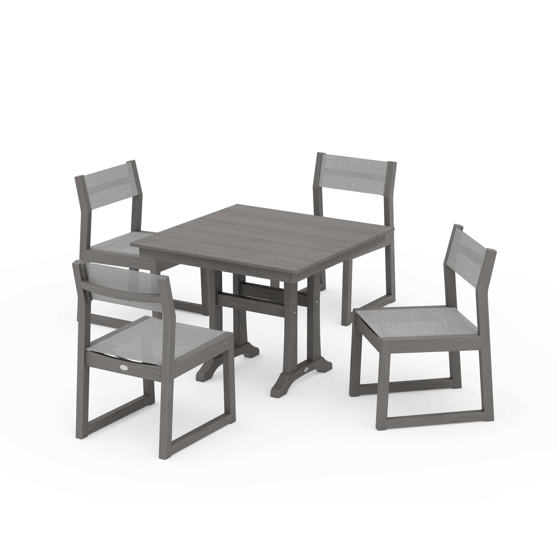 POLYWOOD EDGE Sling 5-Piece Farmhouse Trestle Side Chair Dining Set — Driftwood / Metallic Sling