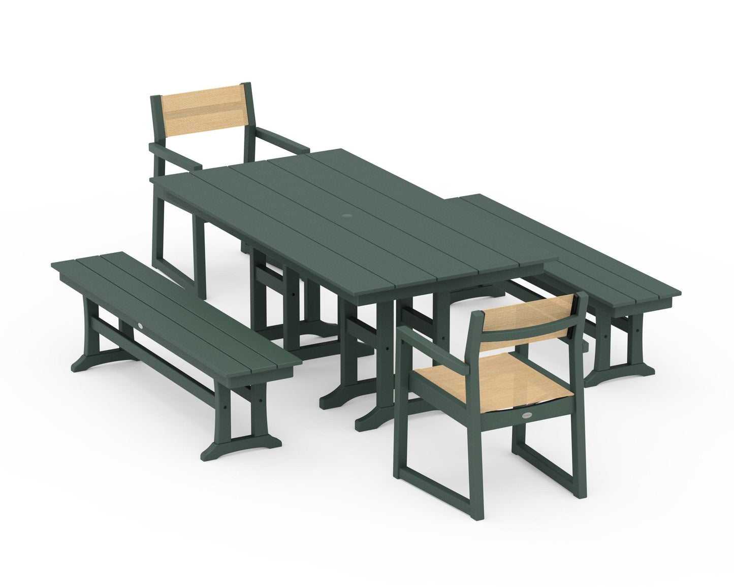 POLYWOOD EDGE Sling Arm Chair 5-Piece Farmhouse Dining Set with Benches — Green / Dupioni Apricot Sling