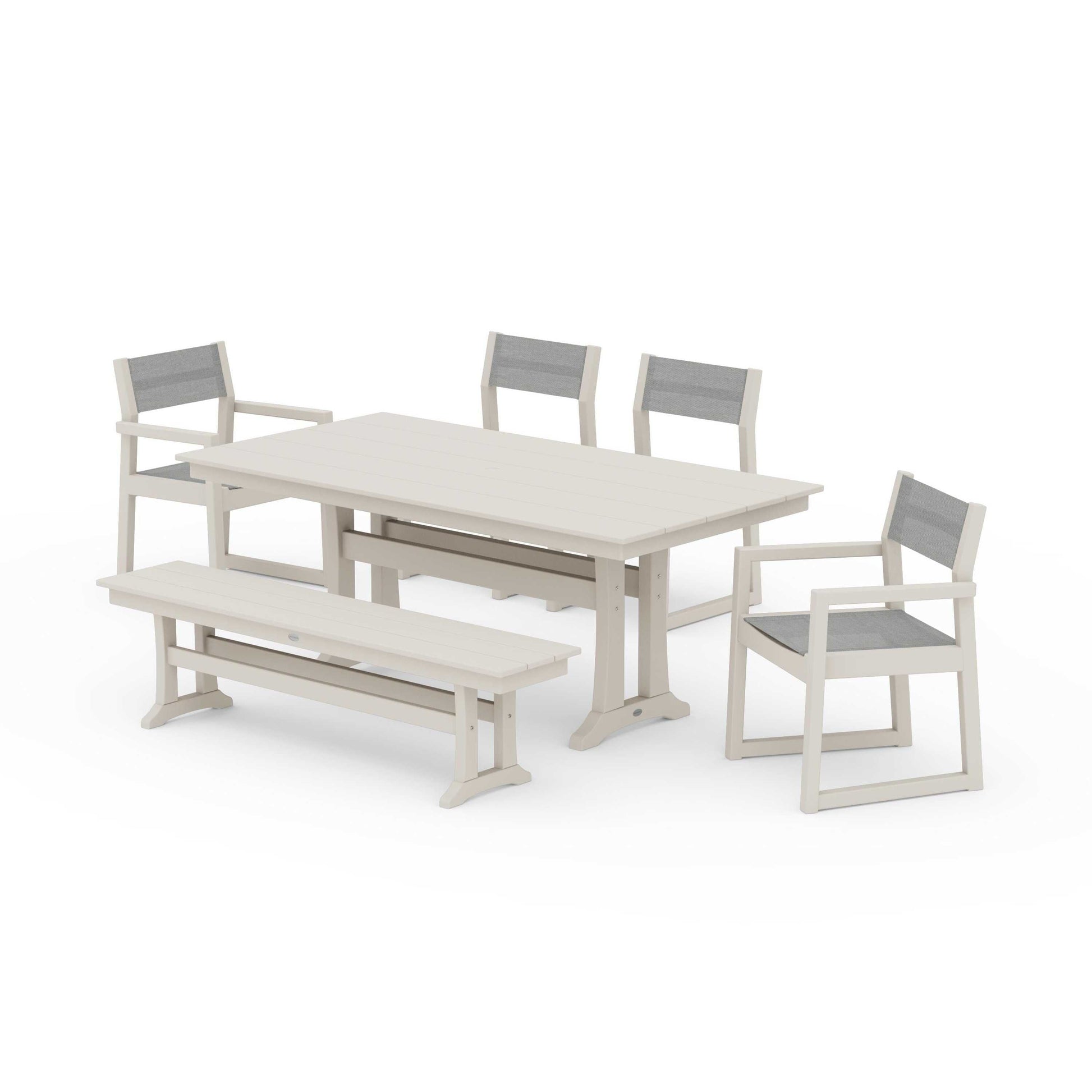 POLYWOOD EDGE Sling 6-Piece Farmhouse Dining Set With Trestle Legs — Sand / Metallic Sling