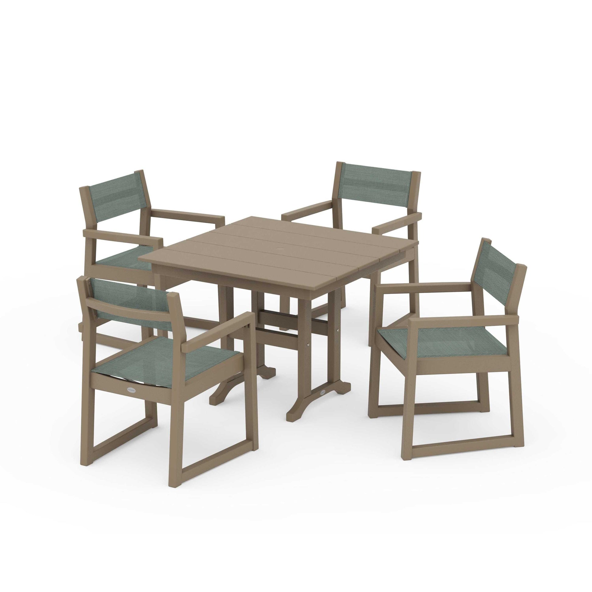 POLYWOOD EDGE Sling Arm Chair 5-Piece Farmhouse Dining Set — Vintage Sahara / Dupioni Sea Mist Sling