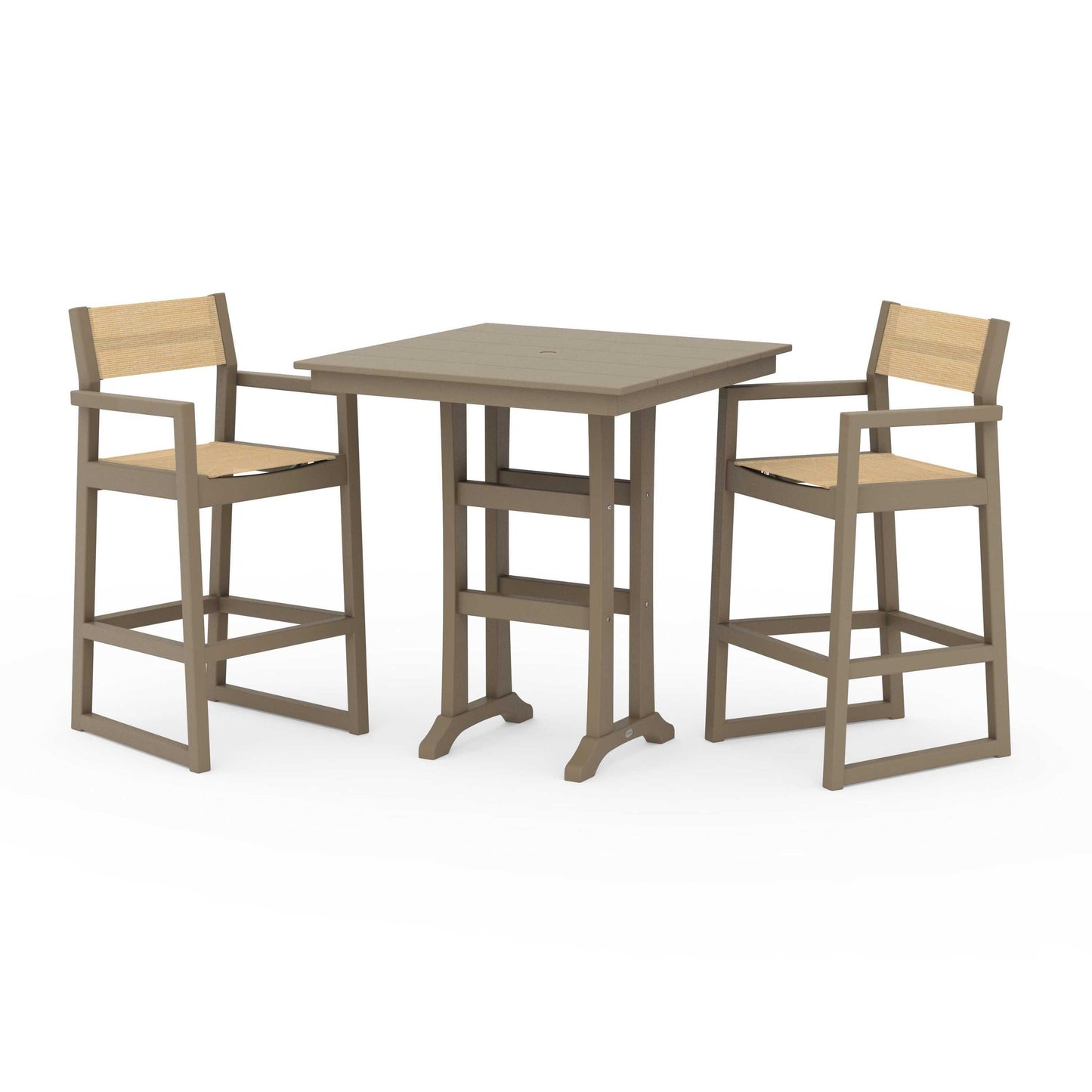 POLYWOOD EDGE Sling Arm Chair 3-Piece Farmhouse Bar Set with Trestle Legs — Vintage Sahara / Dupioni Apricot Sling