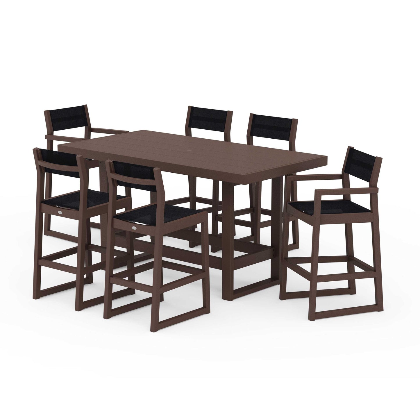 POLYWOOD EDGE Sling 7-Piece Bar Table Set — Mahogany / Black Sling