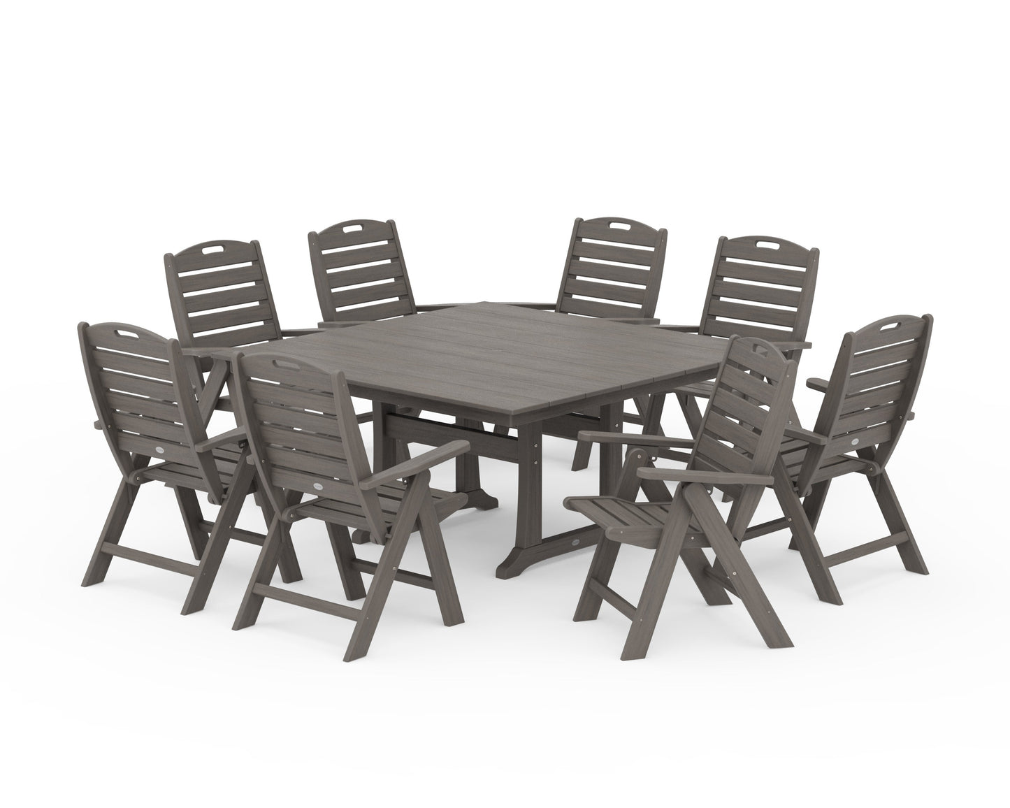 POLYWOOD Nautical Highback 9-Piece Square Farmhouse Dining Set with Trestle Legs — Driftwood