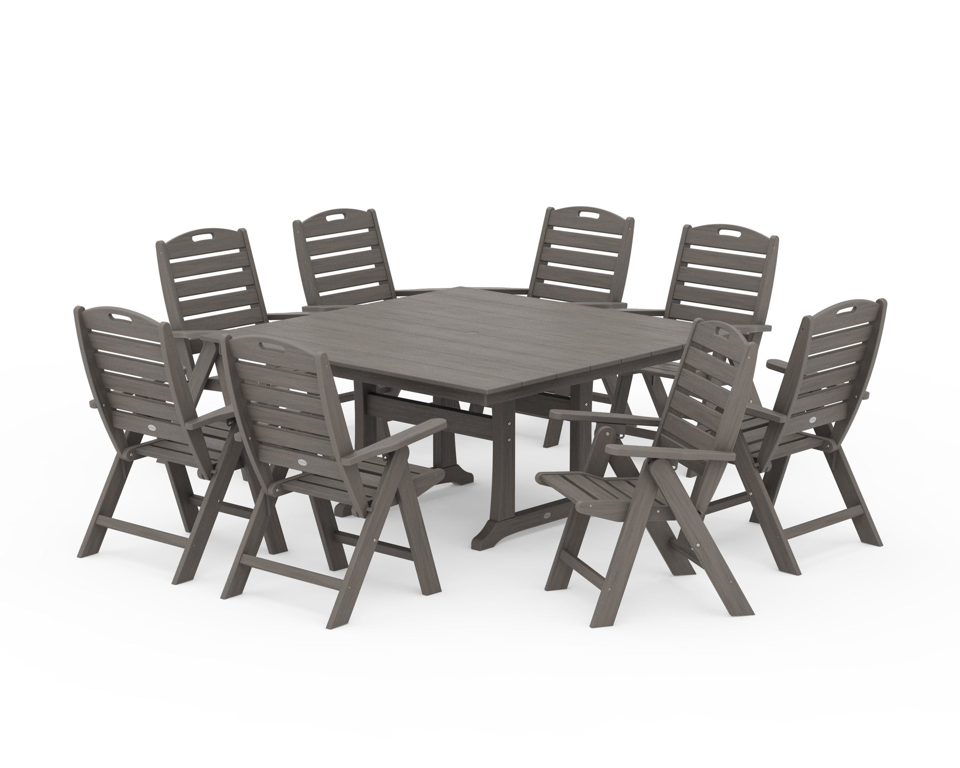 POLYWOOD Nautical Highback 9-Piece Square Farmhouse Dining Set with Trestle Legs — Driftwood