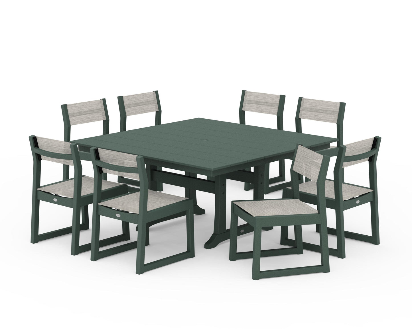 POLYWOOD EDGE Sling Side Chair 9-Piece Farmhouse Trestle Dining Set — Green / Birch Sling