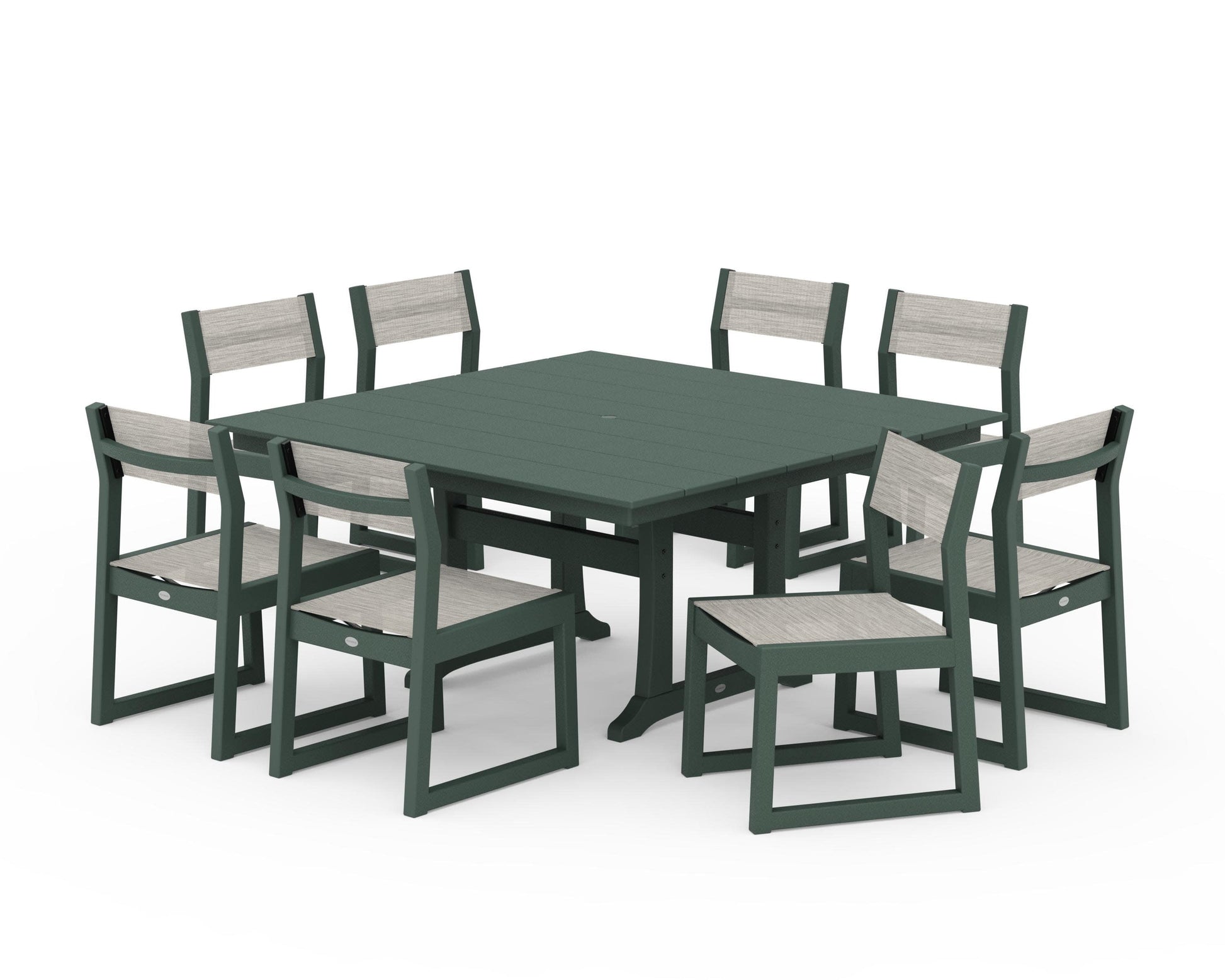POLYWOOD EDGE Sling Side Chair 9-Piece Farmhouse Trestle Dining Set — Green / Birch Sling