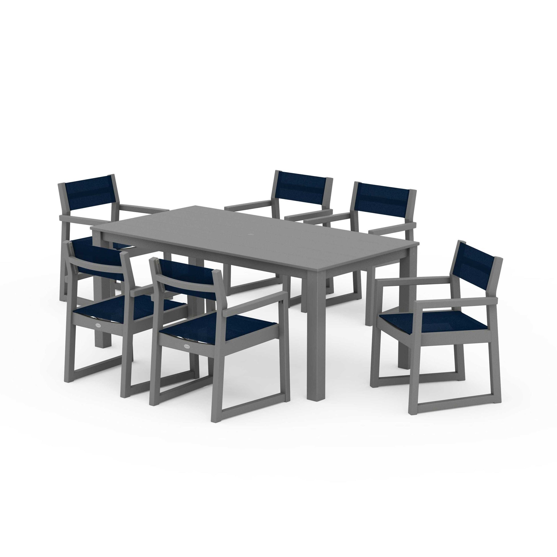 POLYWOOD EDGE Sling Arm Chair 7-Piece Parsons Dining Set — Slate Grey / Navy Blue Sling