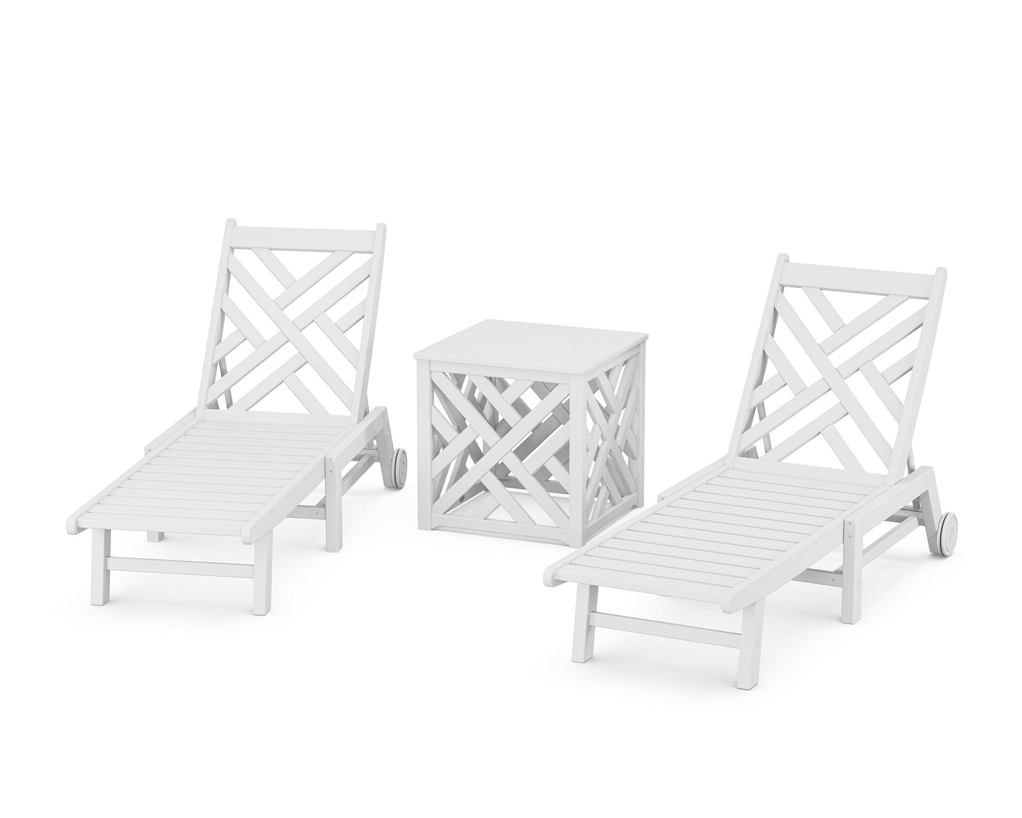 POLYWOOD Chippendale 3-Piece Chaise Set with Wheels and Umbrella Stand Accent Table — White