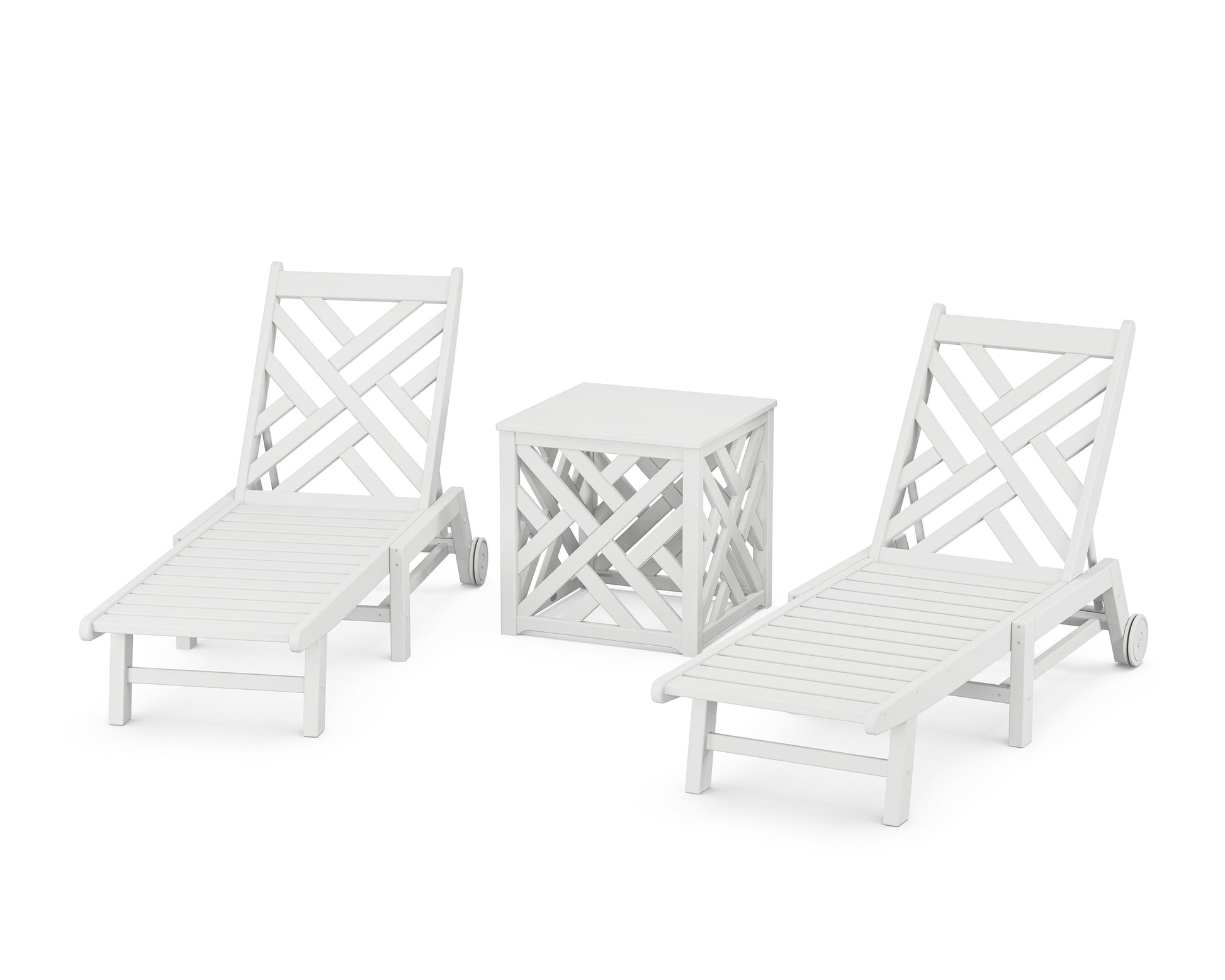 POLYWOOD Chippendale 3-Piece Chaise Set with Wheels and Umbrella Stand Accent Table — White