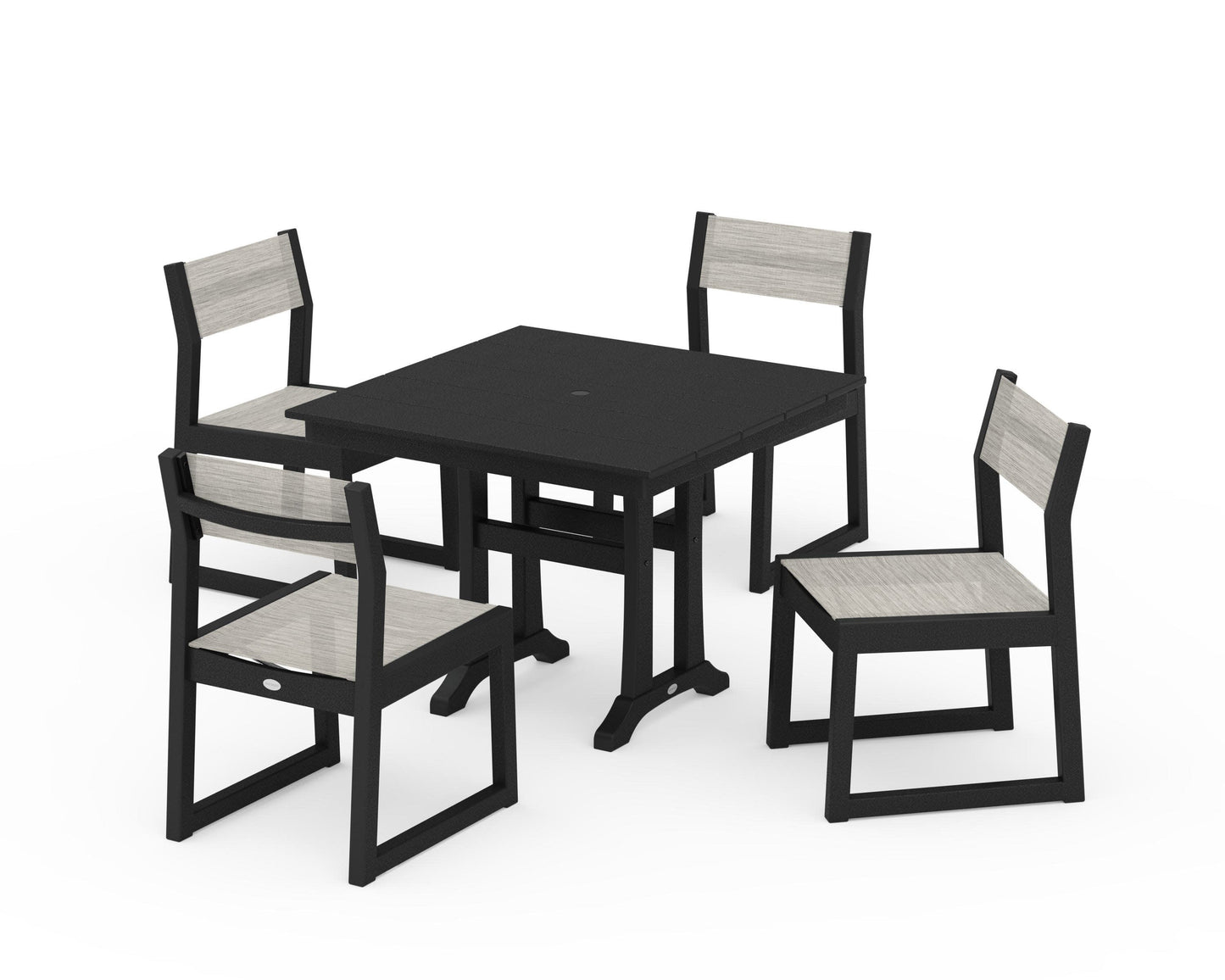 POLYWOOD EDGE Sling 5-Piece Farmhouse Trestle Side Chair Dining Set — Black / Birch Sling