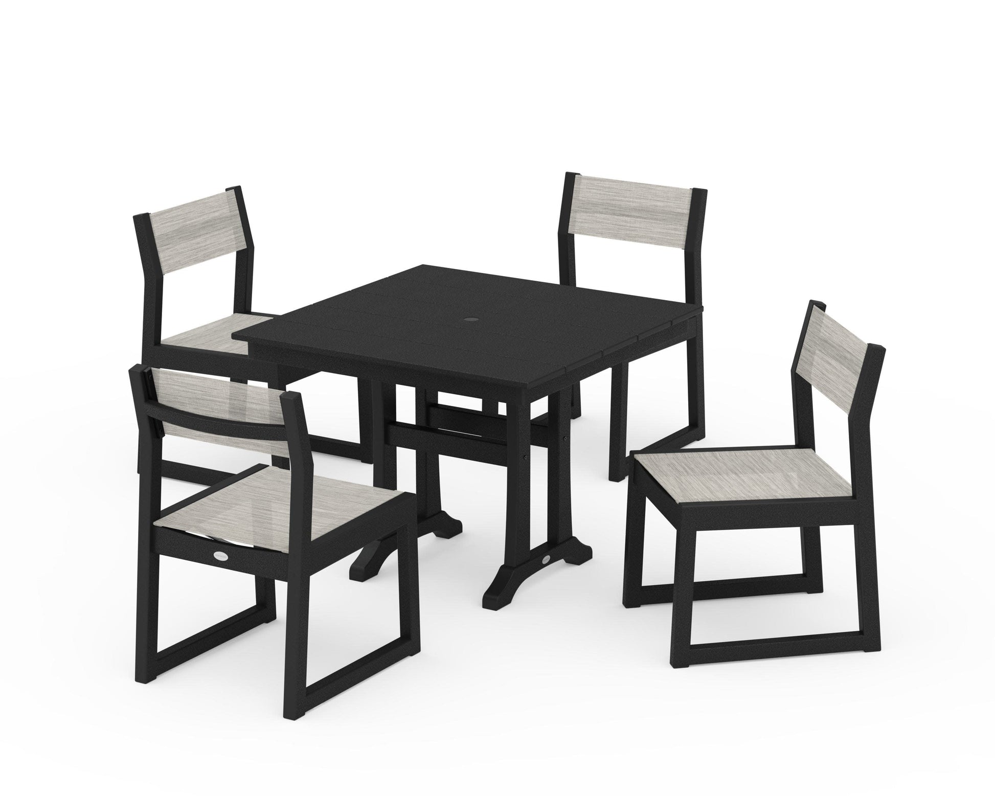 POLYWOOD EDGE Sling 5-Piece Farmhouse Trestle Side Chair Dining Set — Black / Birch Sling