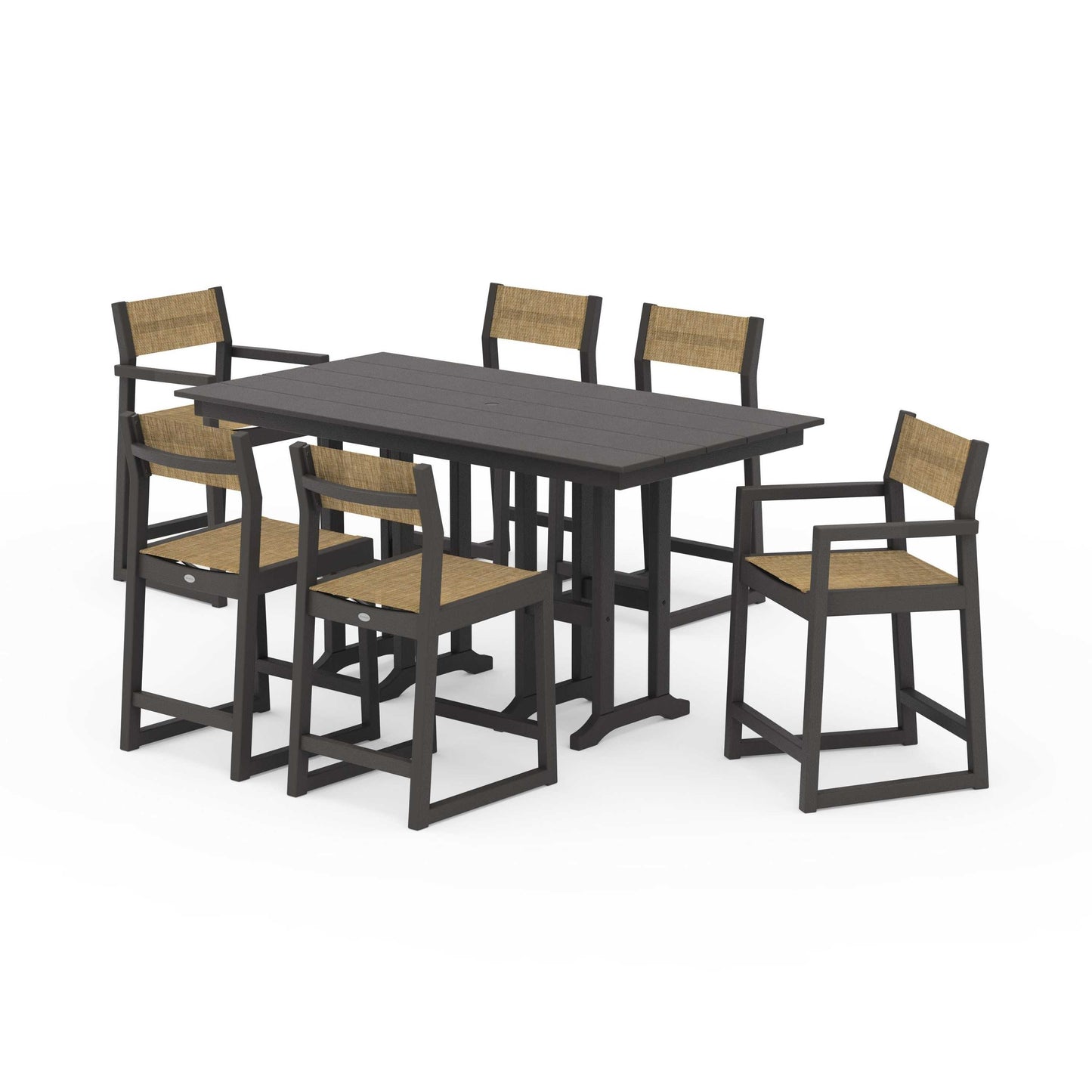 POLYWOOD EDGE Sling 7-Piece Farmhouse Counter Set with Trestle Legs — Vintage Coffee / Burlap Sling