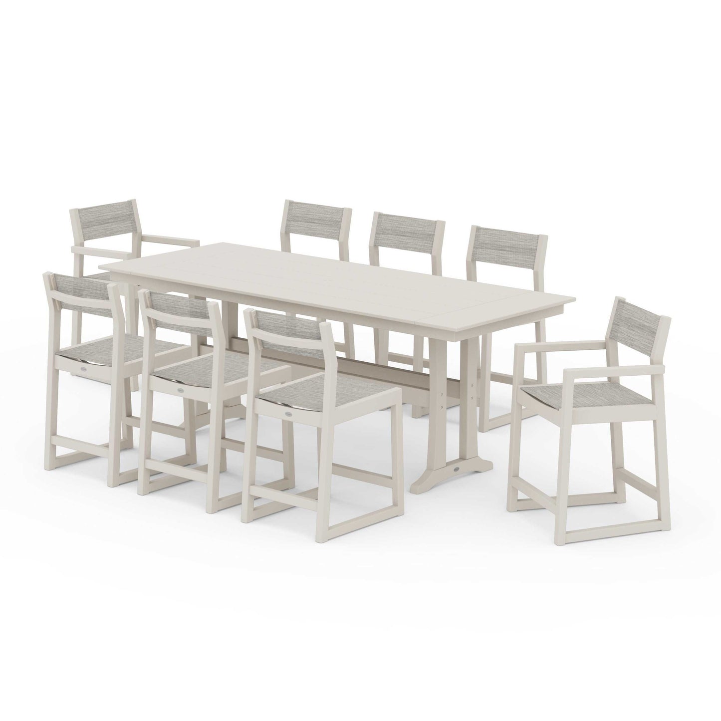 POLYWOOD EDGE Sling 9-Piece Farmhouse Counter Set with Trestle Legs — Sand / Birch Sling