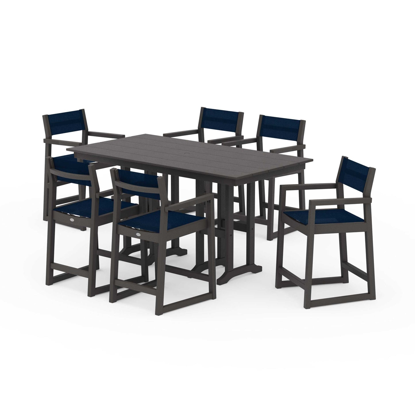 POLYWOOD EDGE Sling Arm Chair 7-Piece Farmhouse Counter Set — Vintage Coffee / Navy Blue Sling