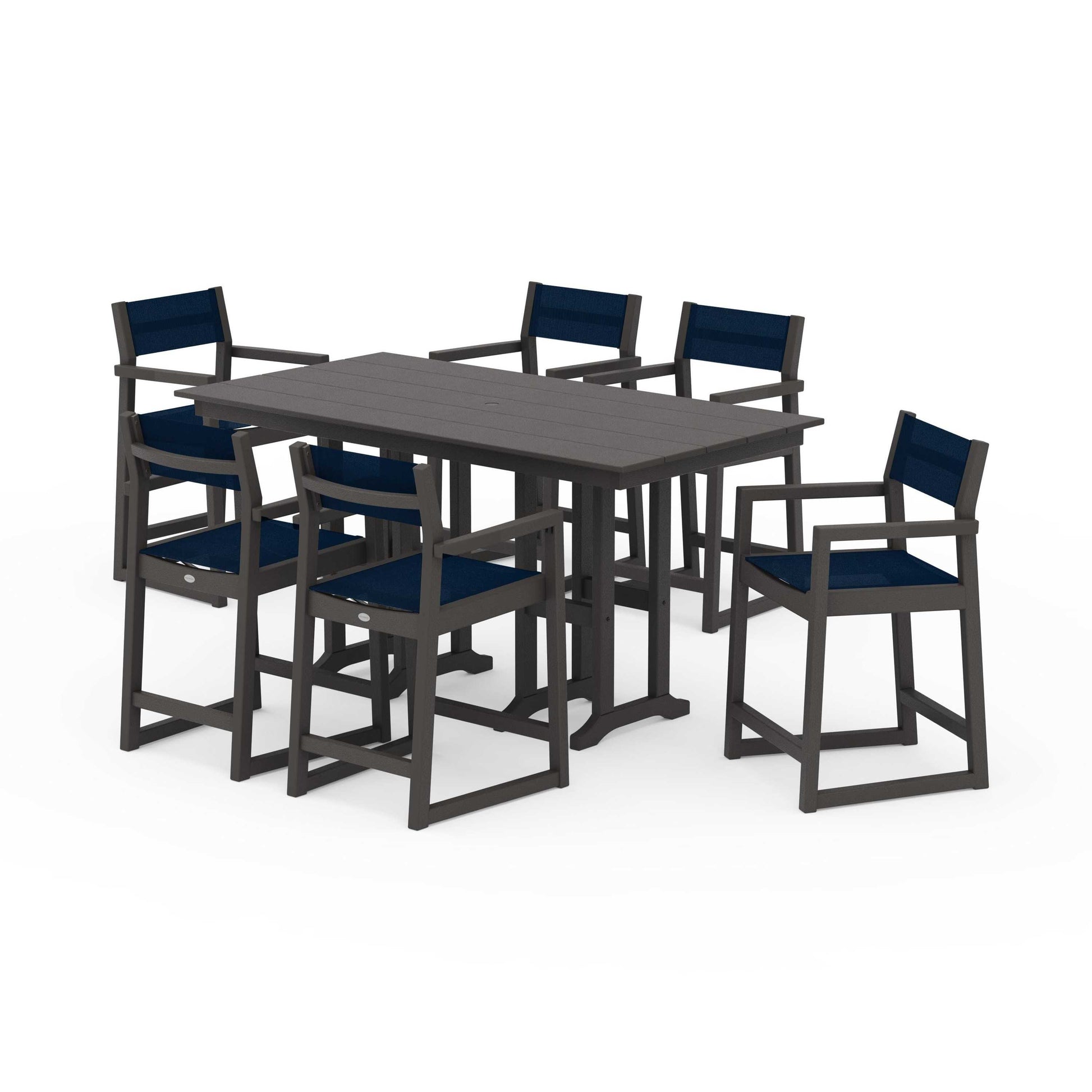 POLYWOOD EDGE Sling Arm Chair 7-Piece Farmhouse Counter Set — Vintage Coffee / Navy Blue Sling