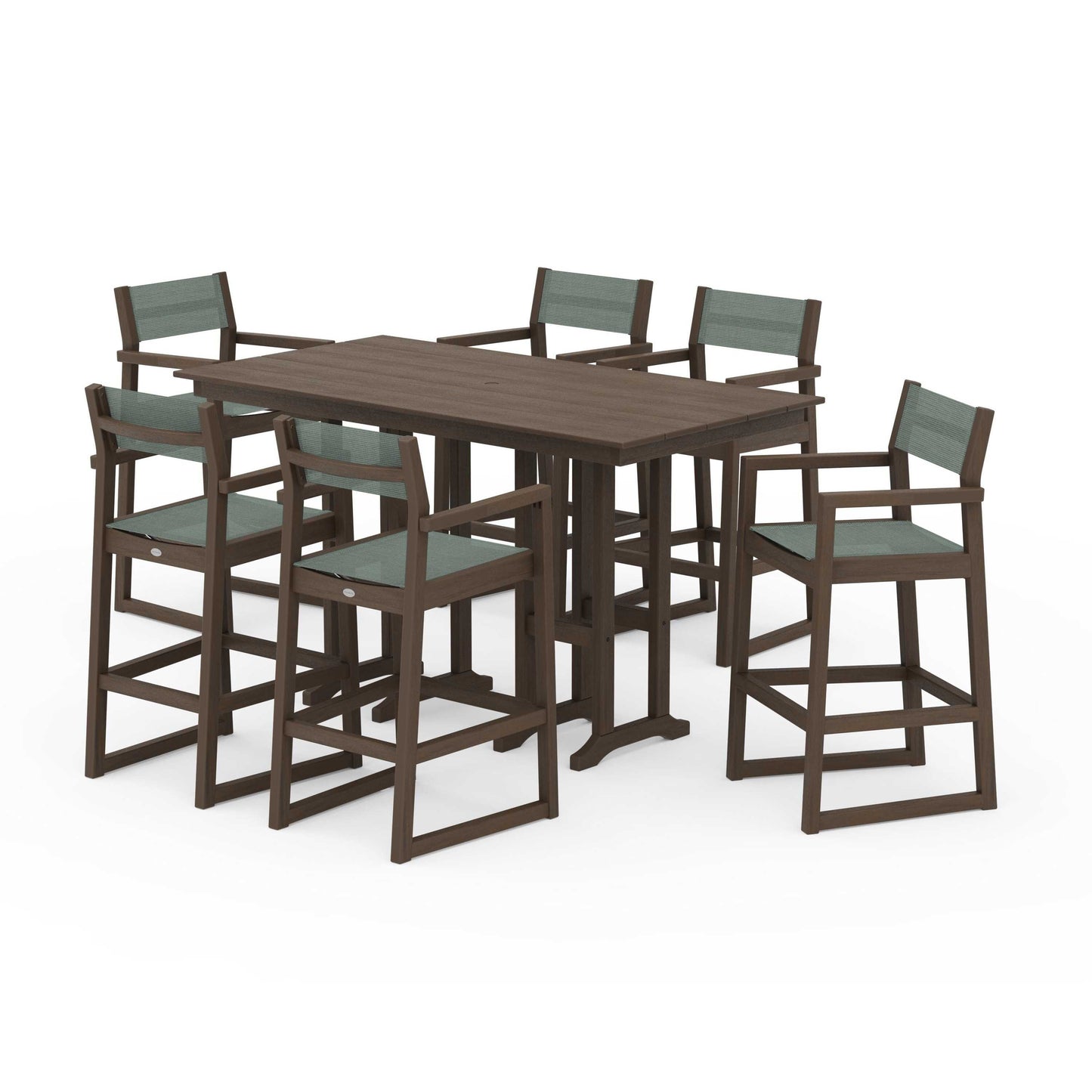 POLYWOOD EDGE Sling Arm Chair 7-Piece Farmhouse Bar Set — Kona / Dupioni Sea Mist Sling