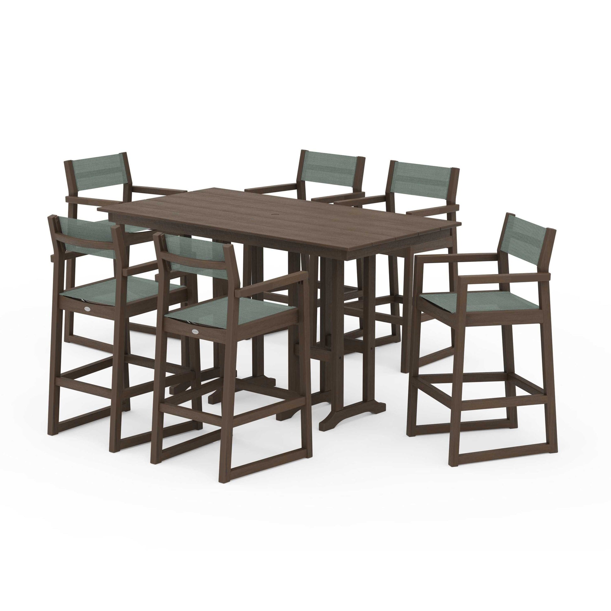 POLYWOOD EDGE Sling Arm Chair 7-Piece Farmhouse Bar Set — Kona / Dupioni Sea Mist Sling