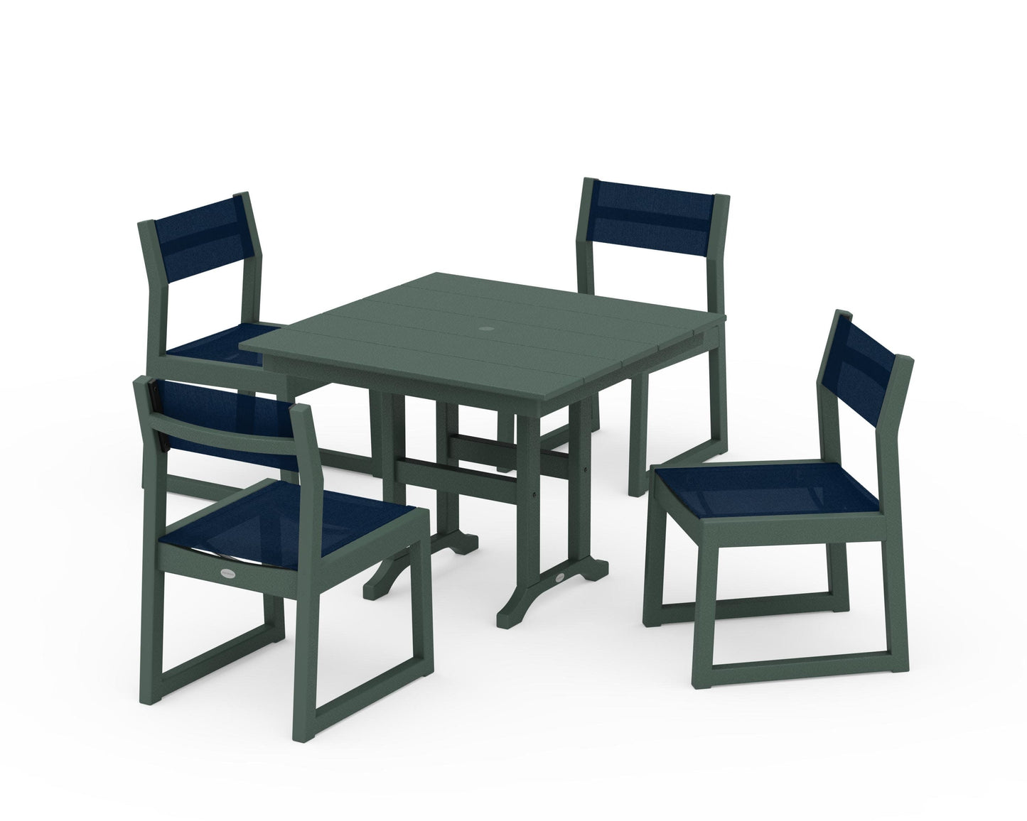 POLYWOOD EDGE Sling Side Chair 5-Piece Farmhouse Dining Set — Green / Navy Blue Sling