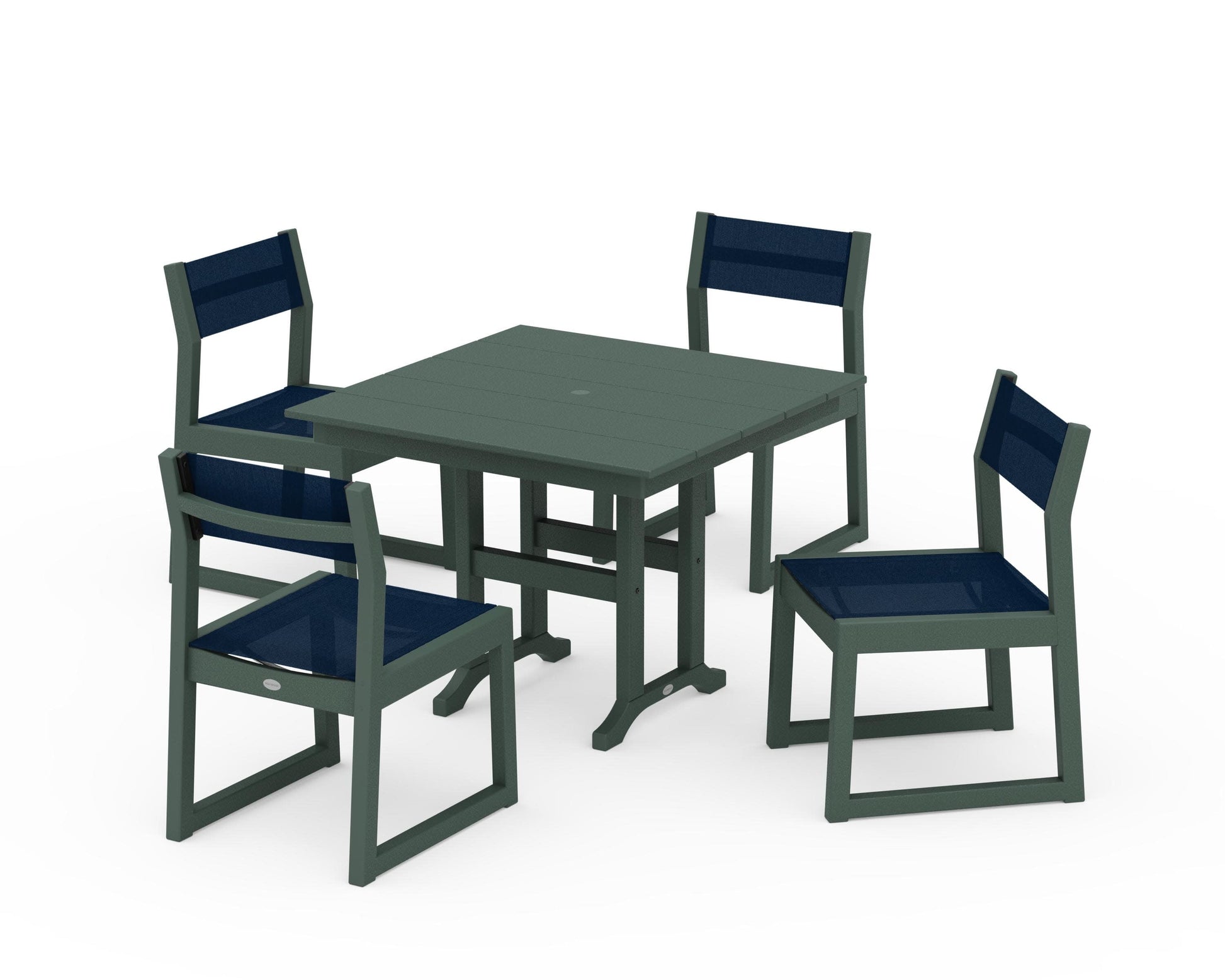 POLYWOOD EDGE Sling Side Chair 5-Piece Farmhouse Dining Set — Green / Navy Blue Sling