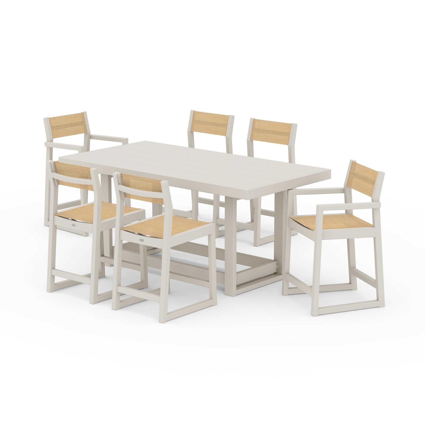 POLYWOOD EDGE Sling 7-Piece Counter Table Set — Sand / Dupioni Apricot Sling